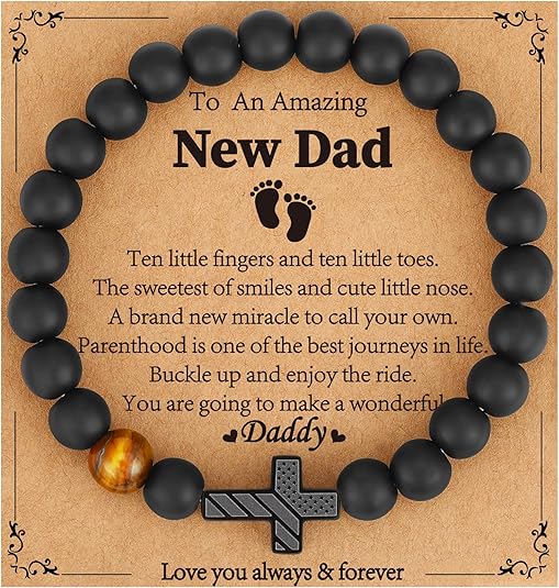 Gifts for Dad New Dad Stepdad Husband, American Flag Cross Beads Bracelet Jewelry Gifts for Father Men from Daughter Son Wife