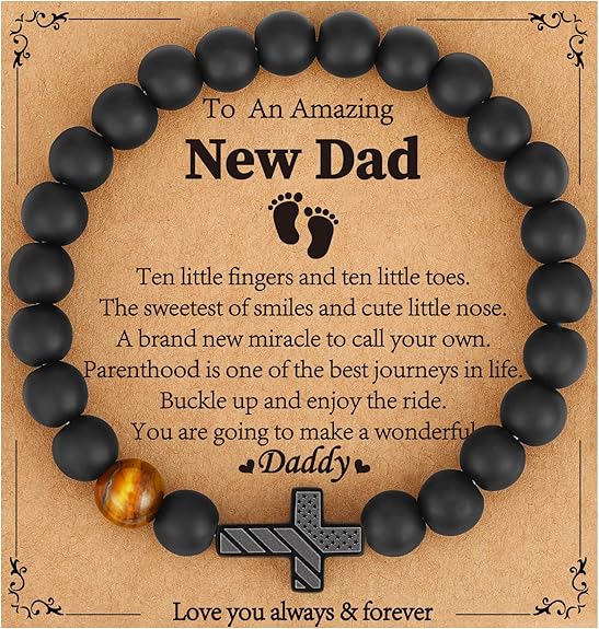 Gifts for Dad New Dad Stepdad Husband, American Flag Cross Beads Bracelet Jewelry Gifts for Father Men from Daughter Son Wife