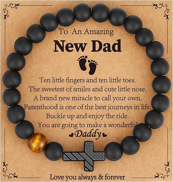 Gifts for Dad New Dad Stepdad Husband, American Flag Cross Beads Bracelet Jewelry Gifts for Father Men from Daughter Son Wife