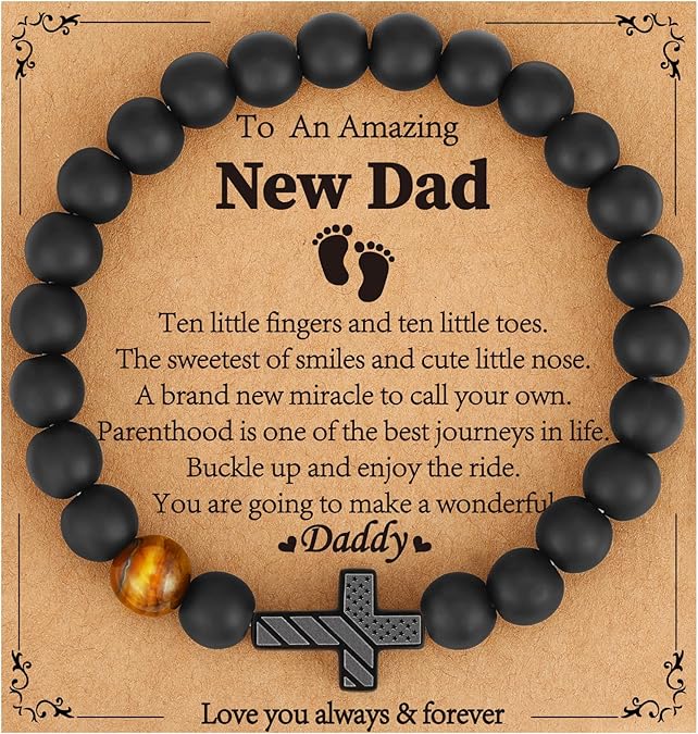 Gifts for Dad New Dad Stepdad Husband, American Flag Cross Beads Bracelet Jewelry Gifts for Father Men from Daughter Son Wife