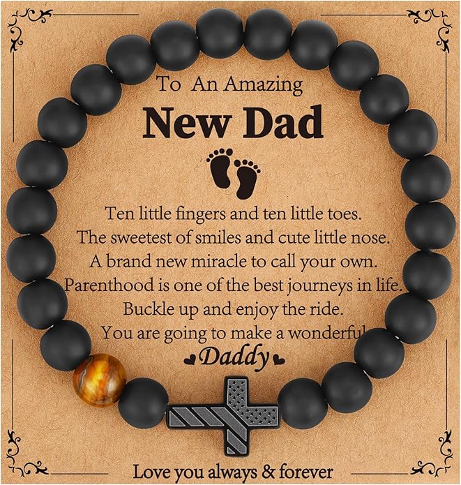 Gifts for Dad New Dad Stepdad Husband, American Flag Cross Beads Bracelet Jewelry Gifts for Father Men from Daughter Son Wife