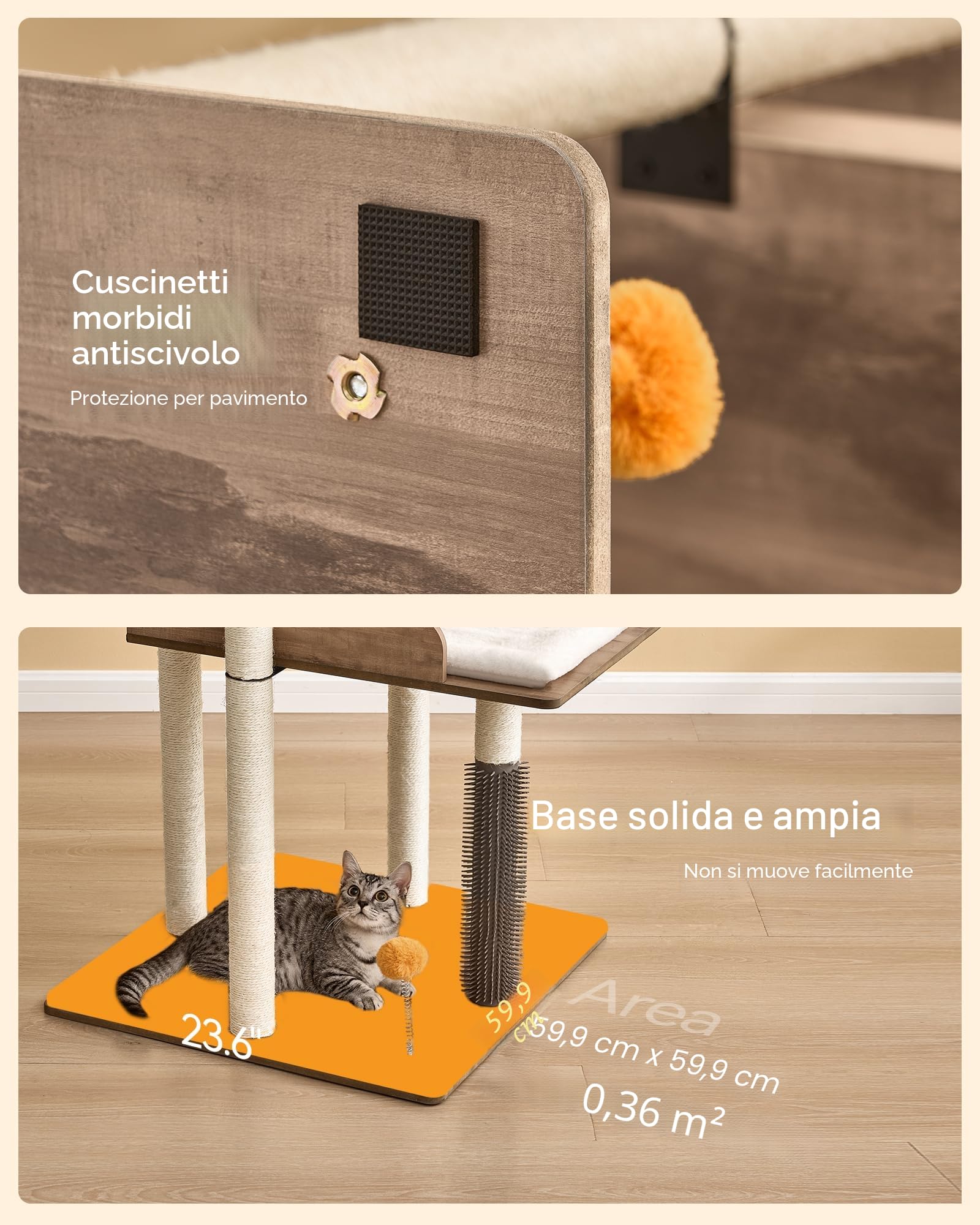 FourFurPets Albero per Gatti Alto 111 cm, Tiragraffi per Gatti,con 3 Pali Graffiatoi,2 Posatoi,Pompon,Greige