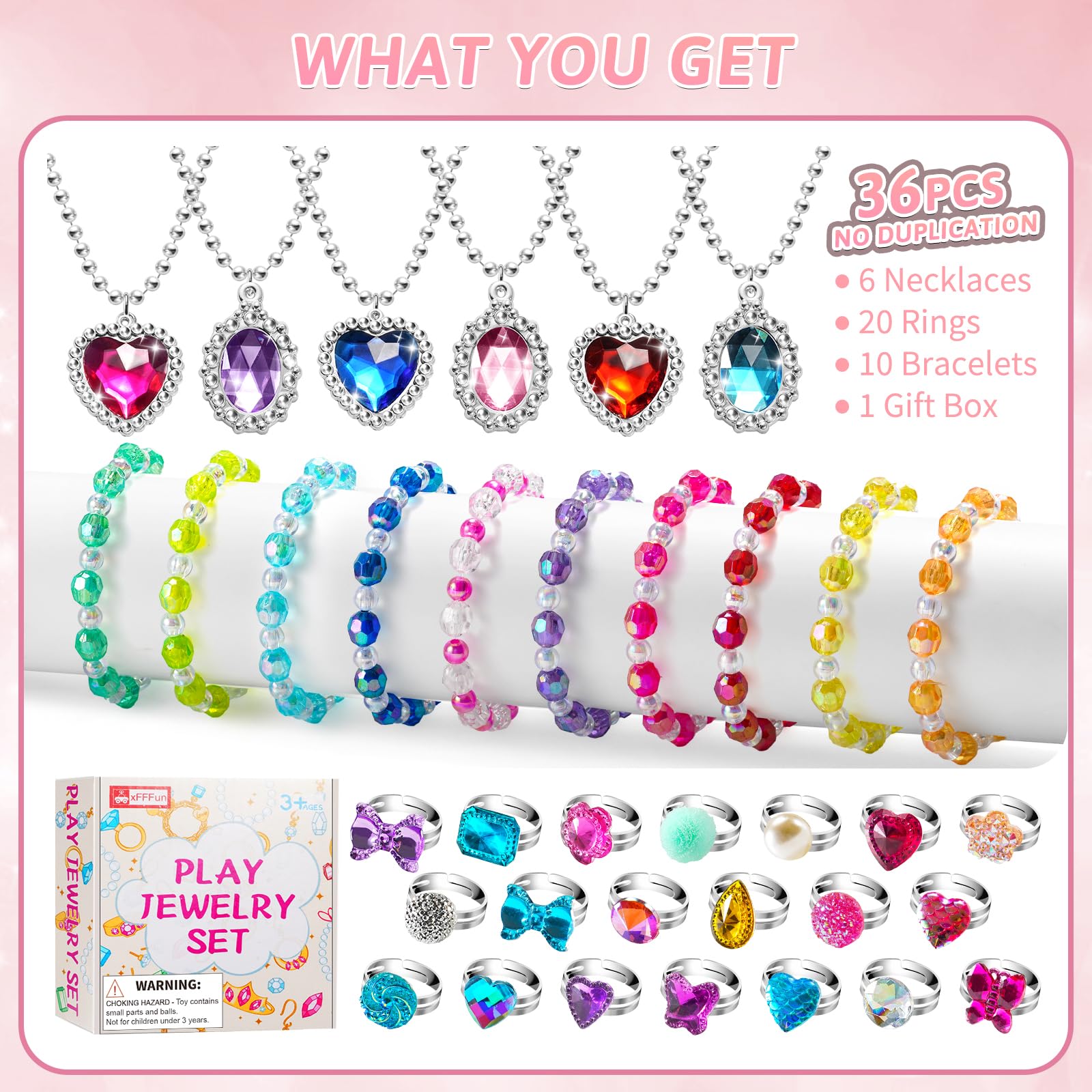 xFFFun 36 PCS Kinder Schmuck für Mädchen, Spielzeug ab 3 Jahre, Kinderschmuck Ringe Armband Halskette, Schmuck Set für Kinder Geschenke, Pinata Gastgeschenke Geburtstag Mädchen 3 4 5 6 7 8 Jahre