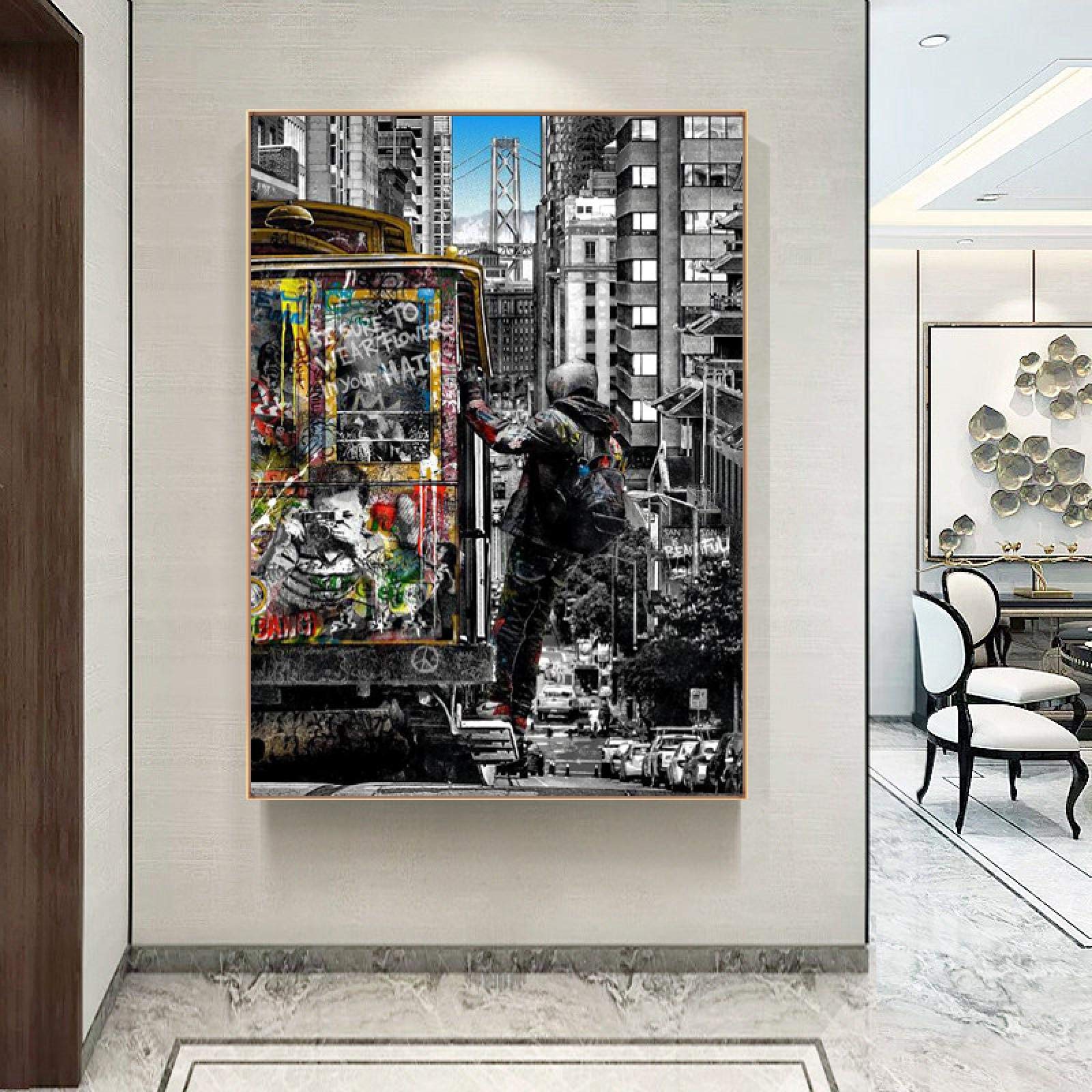 Tableau Toile Banksy Street Art Noir Blanc Londres - Peinture Graffiti 60x80cm Sans Cadre