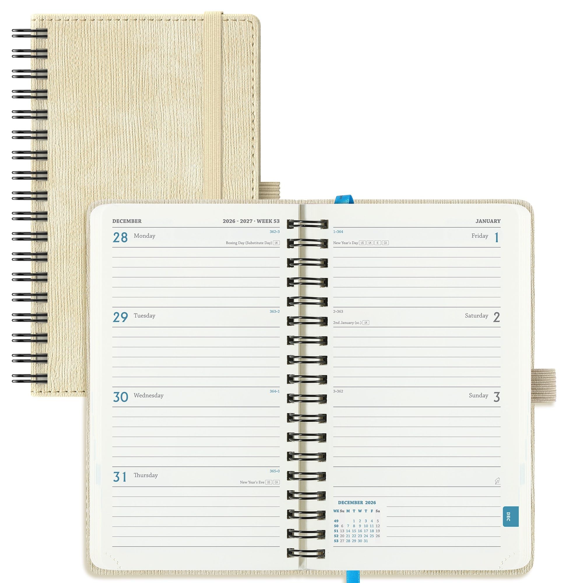 IN-LUXPRO Academic Diary 2026-2027 Week to View Pocket A6 (16.4x9.5 cm) Spiral 18 Months (Jul'26 - Dec'27) Mid Year Diary 26/27 Weekly Planner with Timeslots& Month Tabs, PU Leather Beige