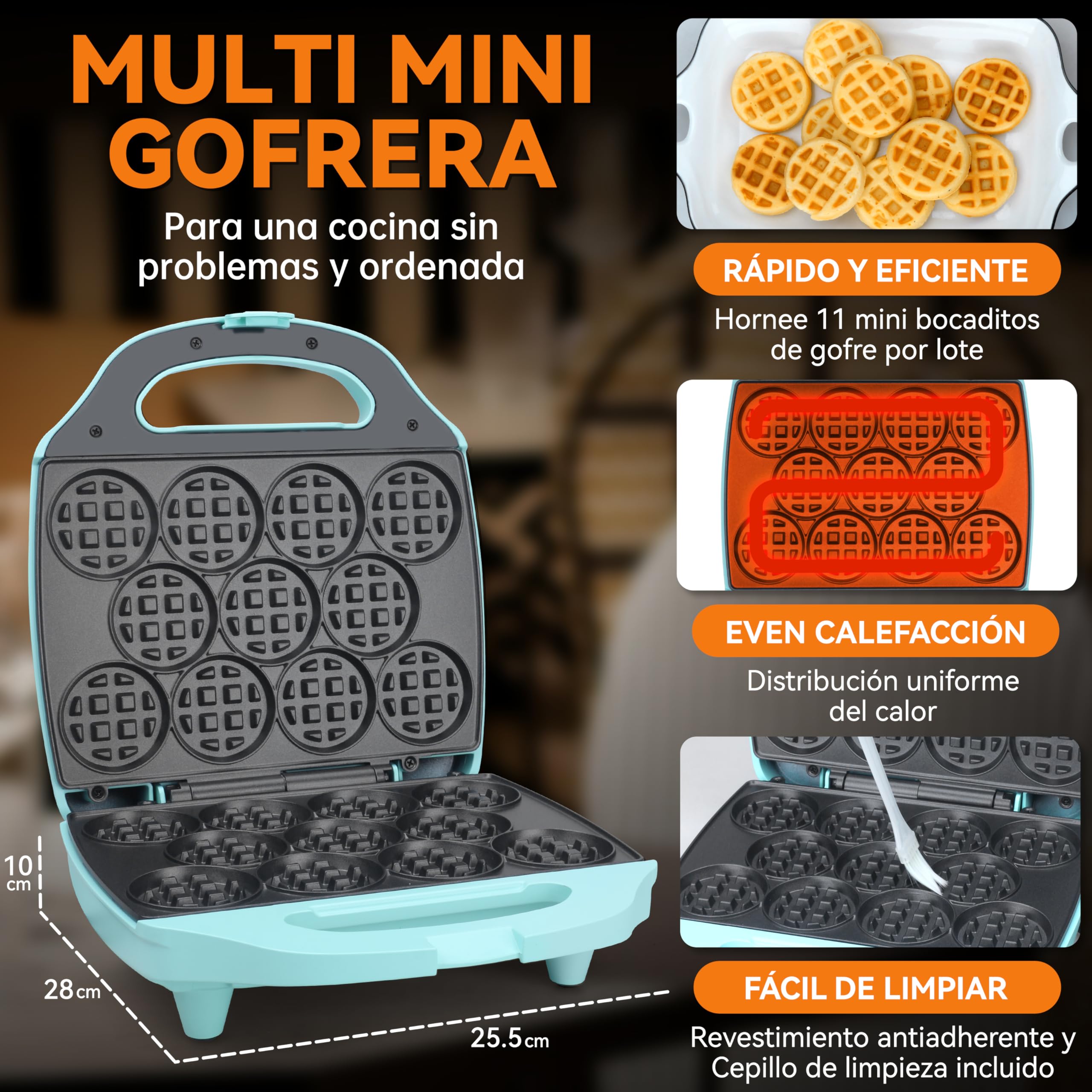 Baker's Friend Maquina Waffles, Mini Gofrera Para Niños y Adultos, Pequeña Máquina Para Gofres Belgas, 11 x 5.5 cm, Gofrera Antiadherente, Mini Waffle Maker, Aqua