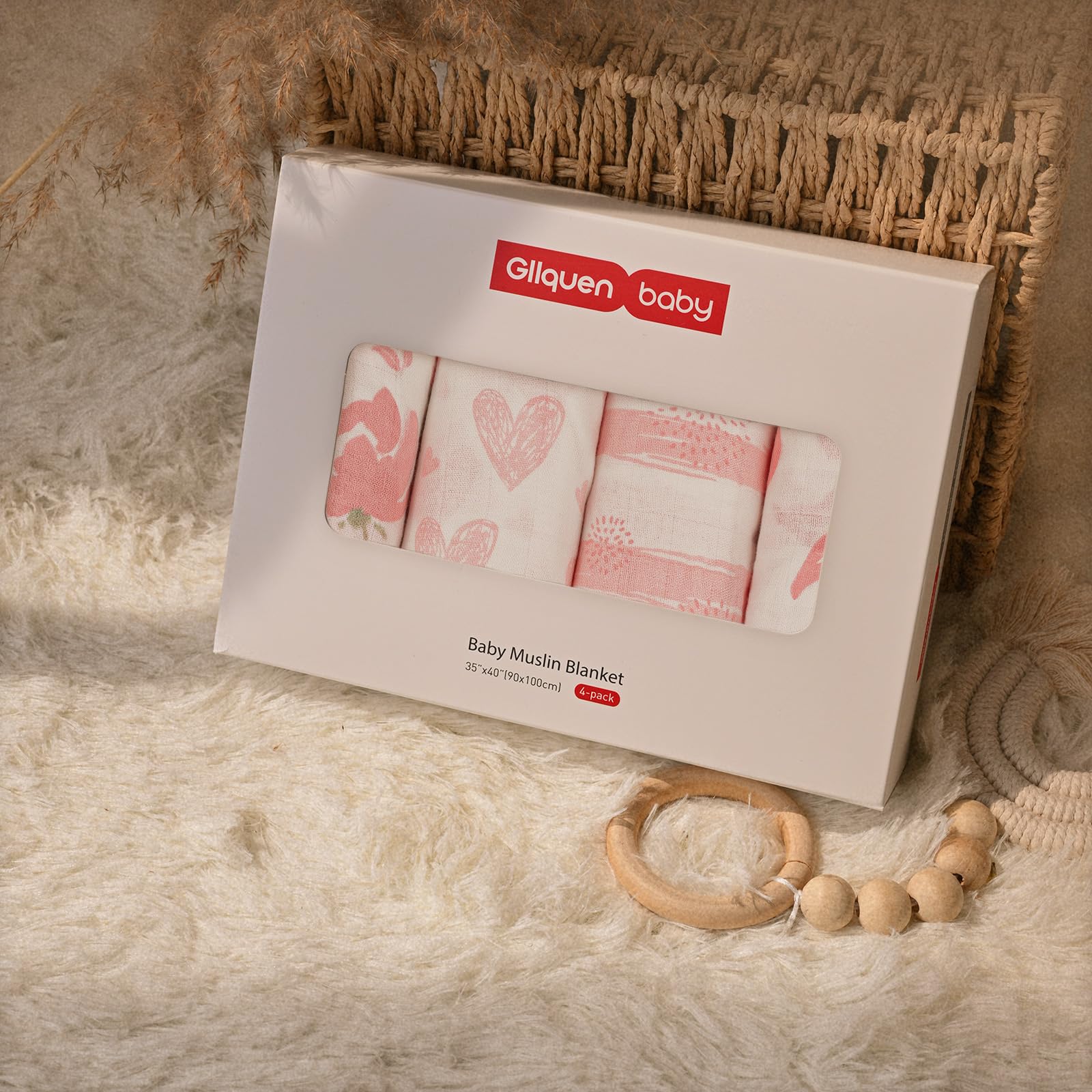 GLLQUEN BABY Muslin Swaddle Blankets 4-Pack Breathable Receiving Blankets (35" x 40") Soft Baby Blankets for Girls and Boys Newborn Essentials Muslin Burp Cloths Swaddle Wrap Baby Gift (Flower)