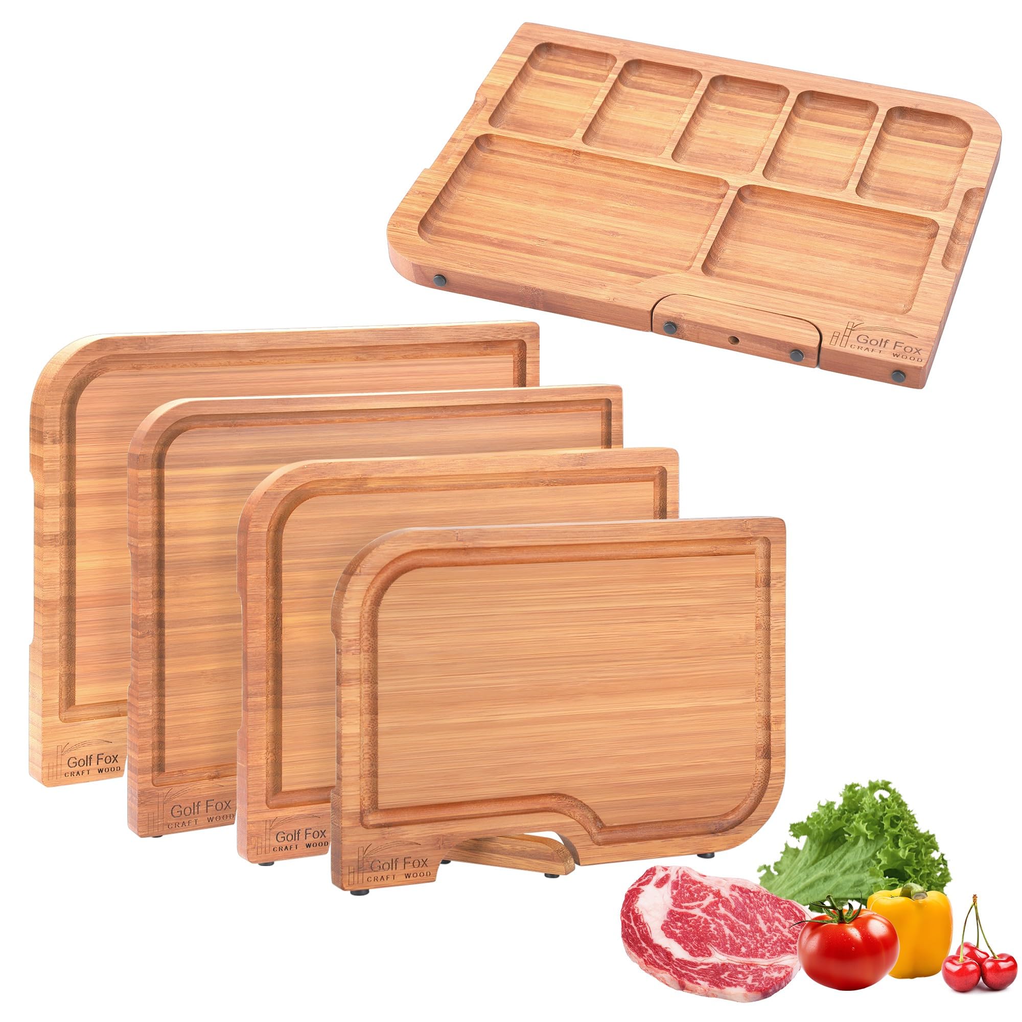 Golf-Fox Juego de 4 tablas de cortar de bambú para cocina, tabla de cortar de madera con soporte, doble cara: tabla de cortar y tablas de embutidos. Ideal para pan, queso, pizza, carne, fruta, pasta