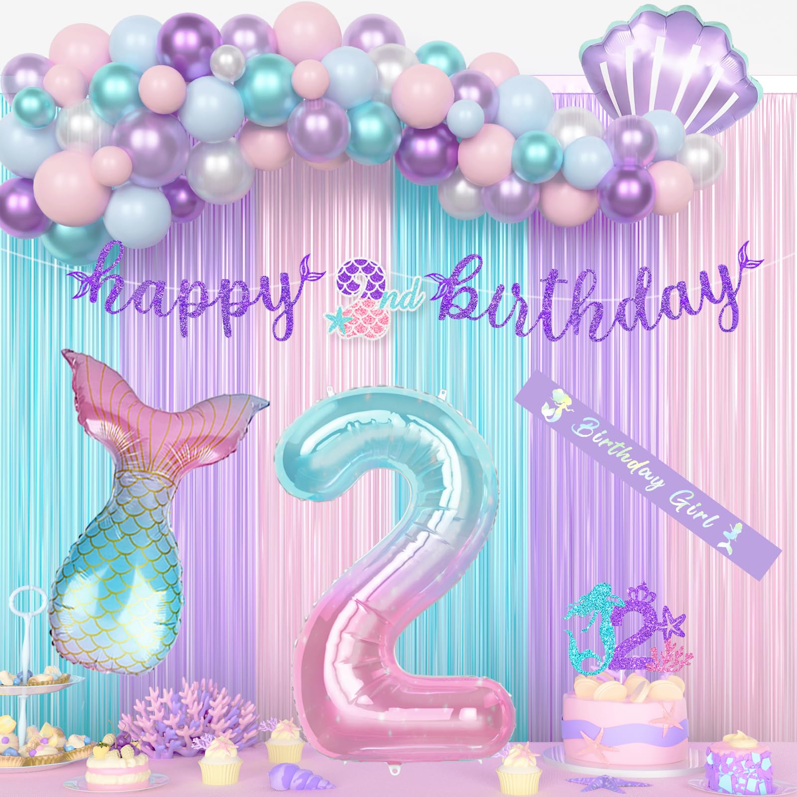 Mermaid 2nd Birthday Decorations, Mermaid Birthday Party Supplies 2 Years Old with Balloons, Fringe Curtain, Banner, Under the Sea Cake Topper