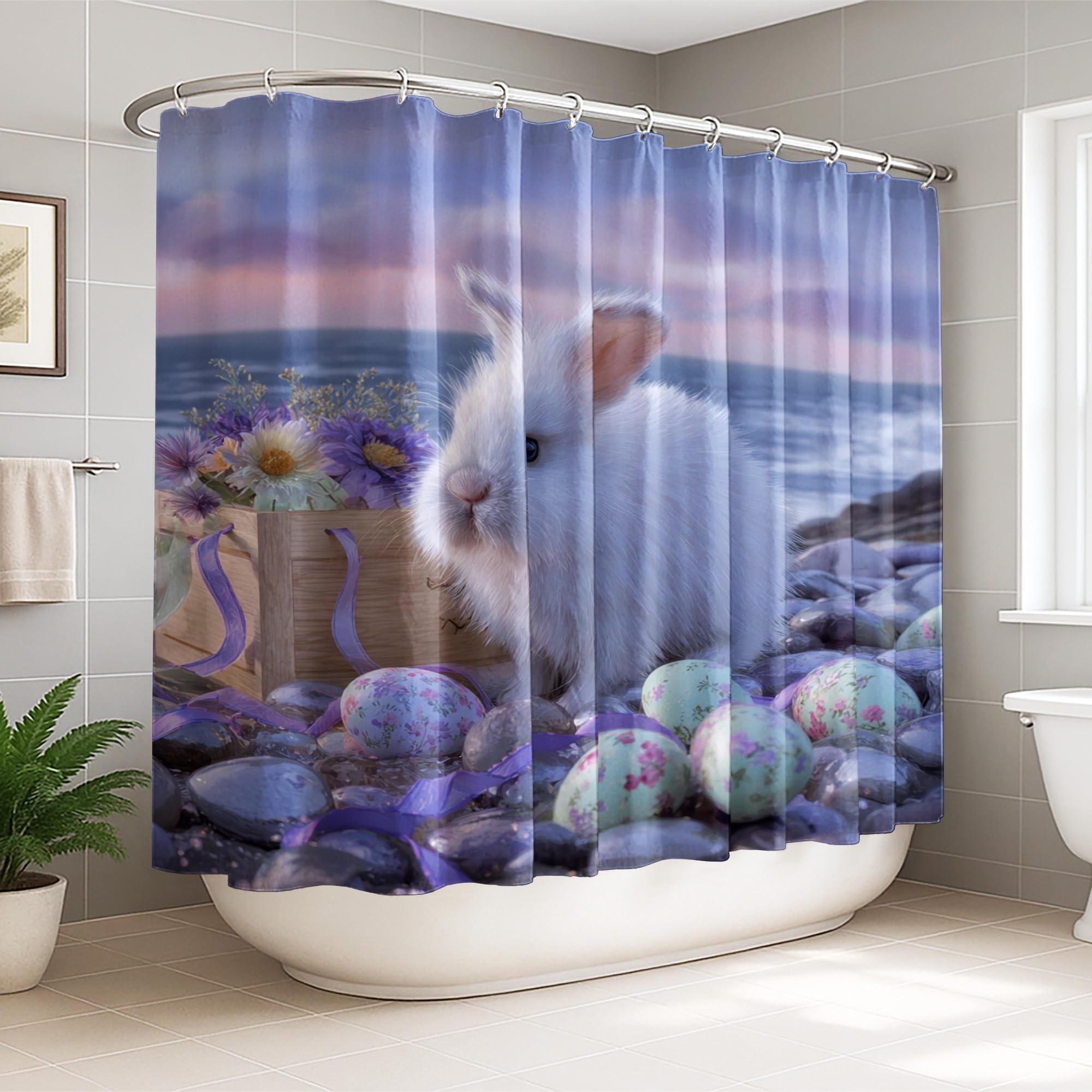 Rideau de douche extra large anti-éclaboussures motif lapin pastel