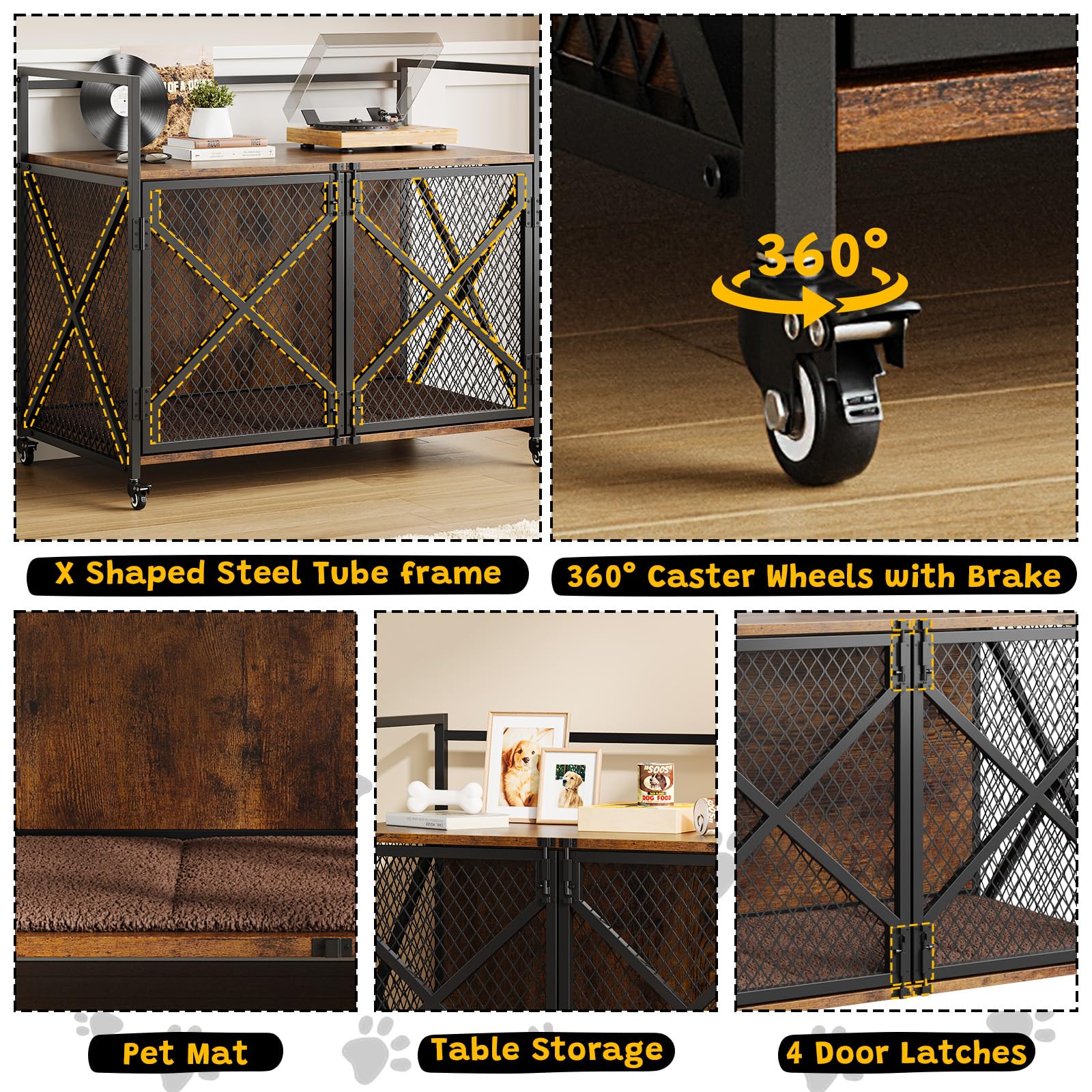 Cage à Chien Meuble en Bois et Métal, Cage Intérieure pour Chien de Grande Taille avec Coussin Moelleux, Double Verrouillage de Sécurité, Design Industriel, 104x60x91 cm, Marron et Noir