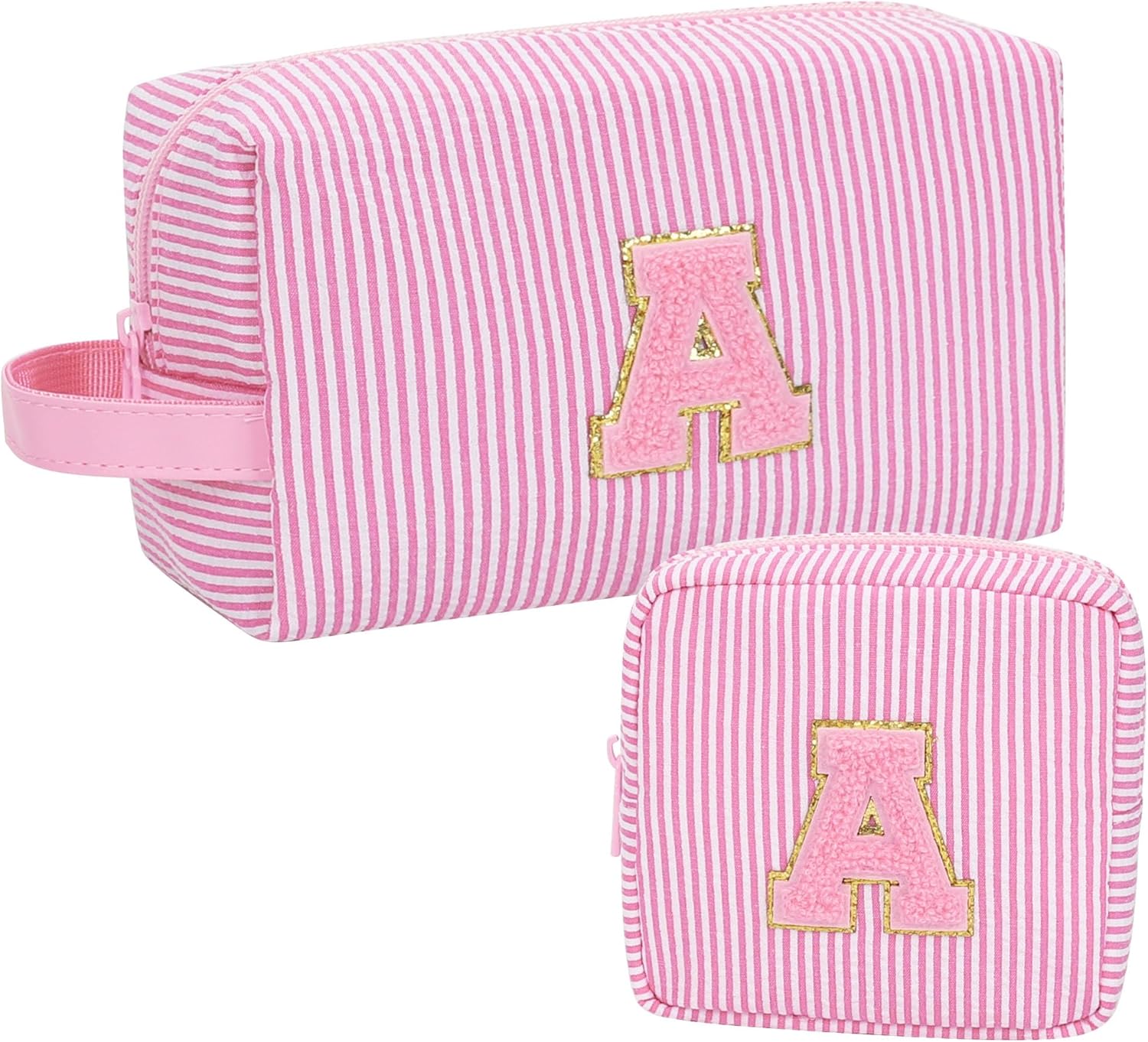 MONSTINA Personalized Initial Makeup Bag Set - Monogram Cosmetic Pouch with Mini Bag, Cute A-Z Letters for Women & Teens, Pink A