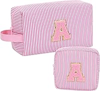 MONSTINA Personalized Initial Makeup Bag Set - Monogram Cosmetic Pouch with Mini Bag, Cute A-Z Letters for Women & Teens, Pink A