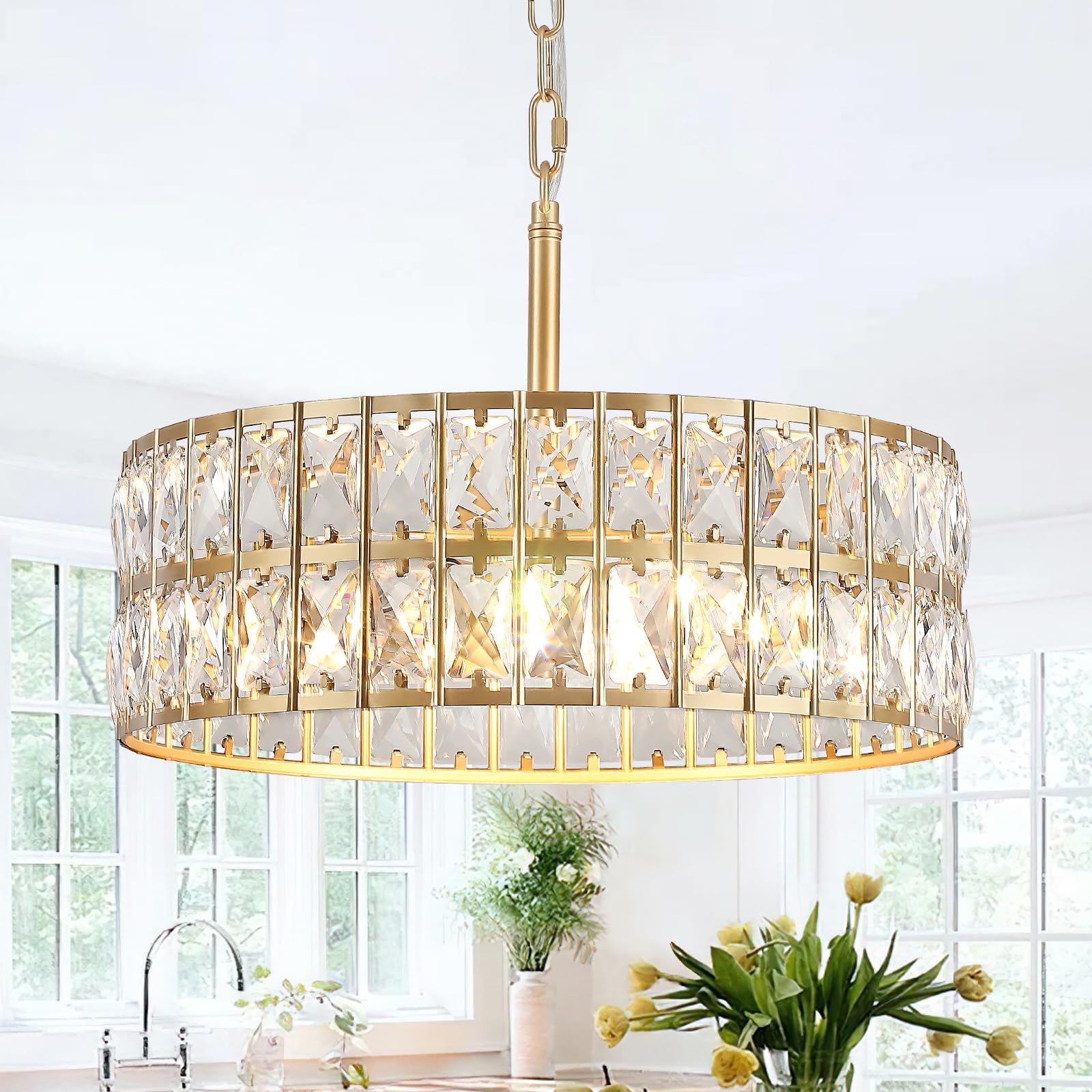 JHLBYL 5-Light Gold K9 Crystal Drum Chandelier, Dimmable E14 Semi Flush Pendant Light Fitting, Luxury Round Ceiling Light for Dining Room Living Room Foyer Bedroom Kitchen Island