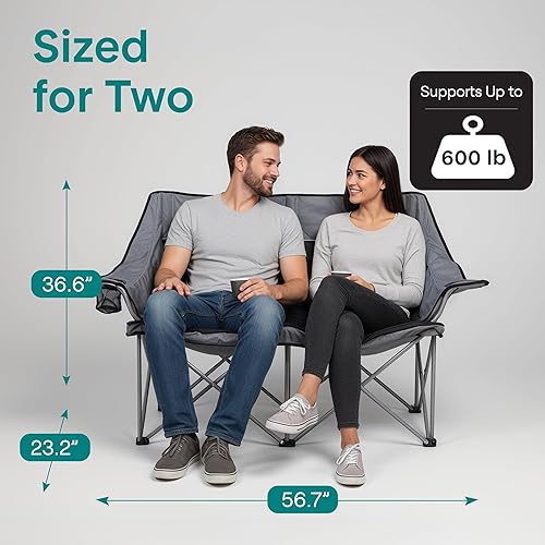 Miniatura 2 de SereneLife Silla doble de camping con portavasos y soportes para copas de vino, cómodo asiento al aire libre, tela impermeable, diseño portátil y