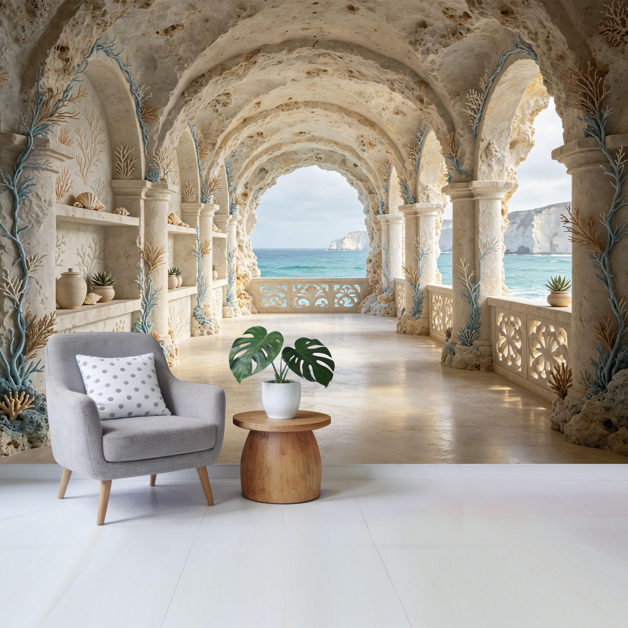 Removable Self Adhesive Fabric Mural， Coastal Mediterranean Archway Ocean View Custom Size Wall Covering， UV Protected Waterproof Washable Wall Decor for Living Room Bedroom Bathroom