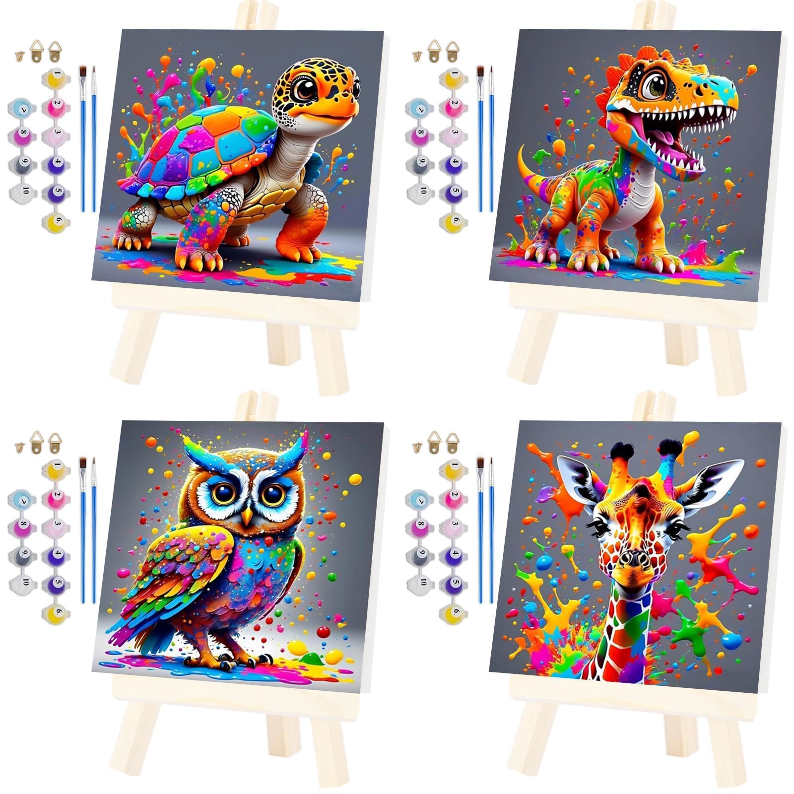 Qiukoo Lot de 4 peintures par numéros pour enfants à partir de 6 à 10 ans - Peinture par numéros - Animaux 30 x 30 cm - Idées cadeaux pour filles an