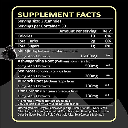 Miniatura 12 de Gomitas Shilajit orgánicas con musgo marino y ashwagandha  Extracto del Himalaya 100% puro con minerales traza, raíz de bardana y melena de león