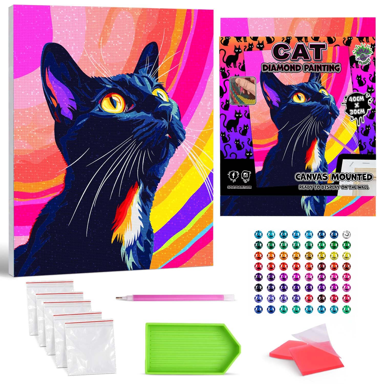 Splat Planet Black Cat Framed Diamond Painting Kit, Rhinestone, Framed Diamond Art, 5D Diamond Painting Kit, Home Wall Decoration,Arts and Crafts for Adults,Kids,30x40cms