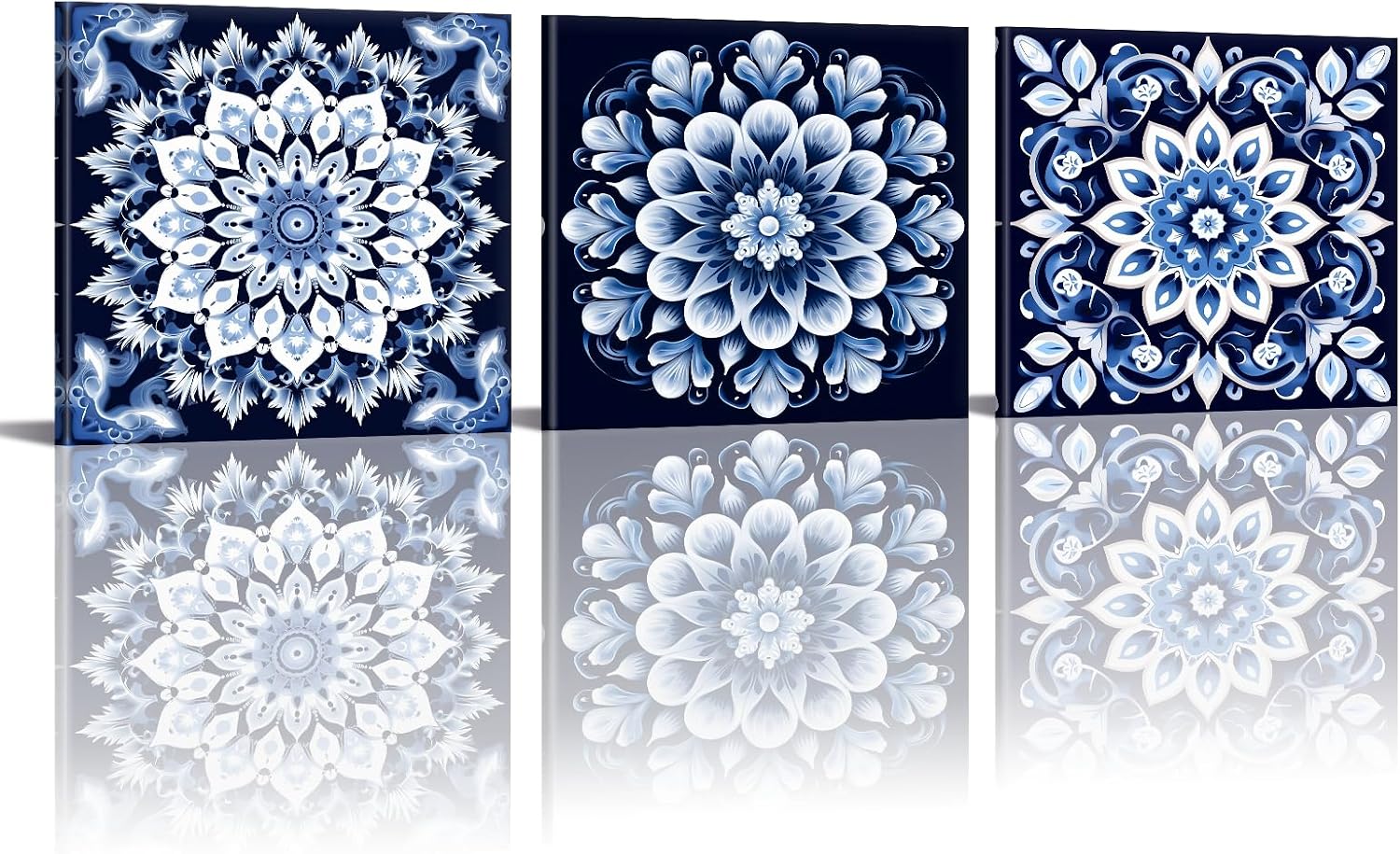 PLIDAAYO Mandala Boho Flower Wall Art 3 Pieces Abstrac Navy Blue Flower Pattern Canvas Print Picture Vintage Floral Poster Painting for Bedroom Living Room Home Decor(Flo-01,24"x24"x3)