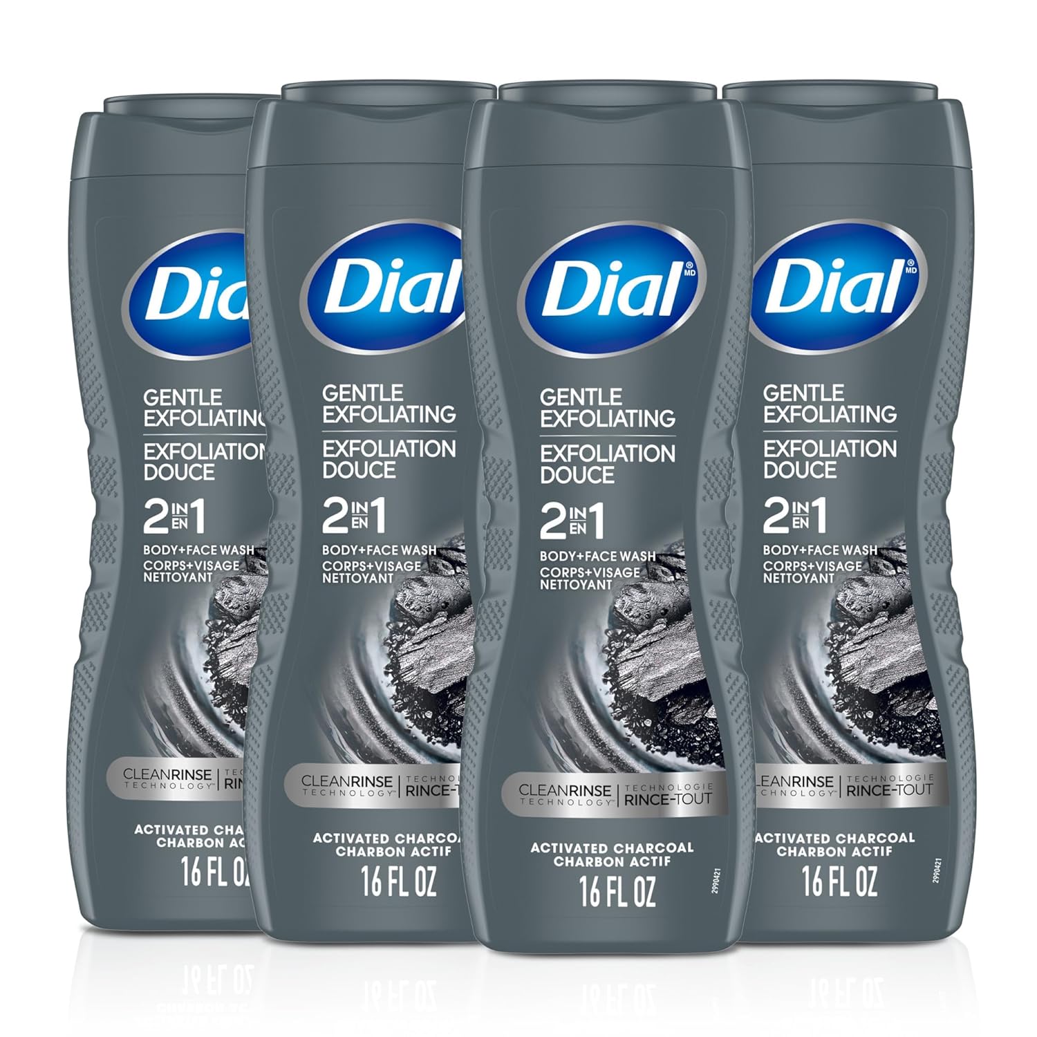 Dial Men 2 in 1 Body and Face Wash, Activated Charcoal, 16 Fl Oz, Pack of 4, Gentle Exfoliating Body Wash with Clean Rinse Technology