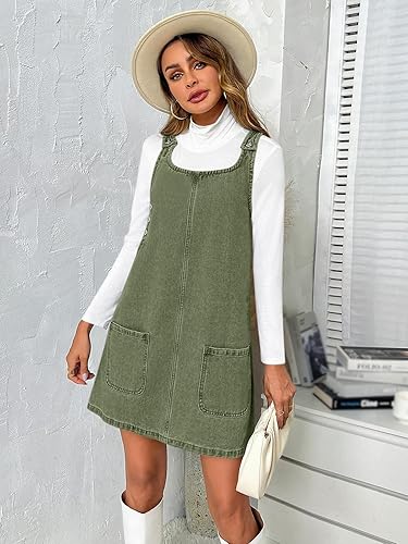 Miniatura 4 de BZB Vestido de mezclilla casual sin mangas para mujer, cuello redondo, vintage, holgado, con bolsillos