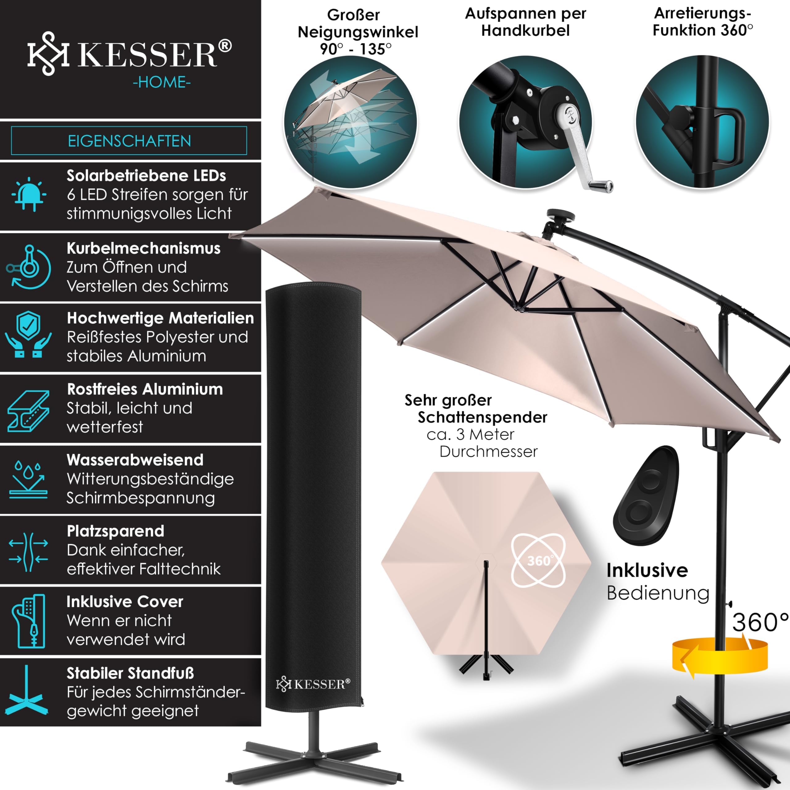 KESSER® ombrellone semaforico in alluminio ombrellone LED solare Ø300 cm / Ø350 cm + copertura con meccanismo a manovella con interruttore on/off protezione UV ombrellone idrorepellente in alluminio