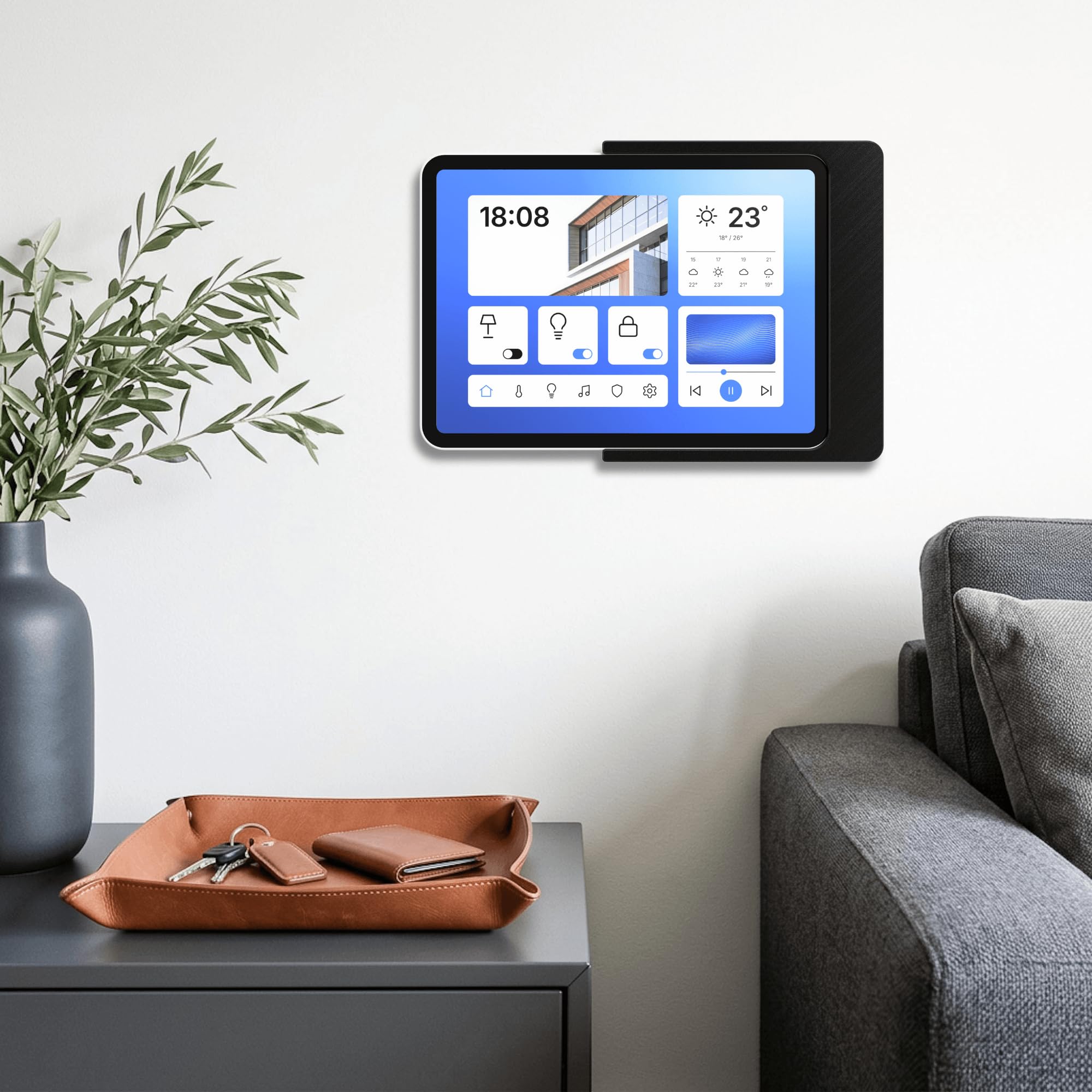 Support Mural Tablette pour Samsung Galaxy Tab A9 / A11 (8,7 Pouces) - Fixation Ultra-Plate et sur Mesure pour Écran Domotique et Tableau de Bord - Passe-Câble Intégré - Noir