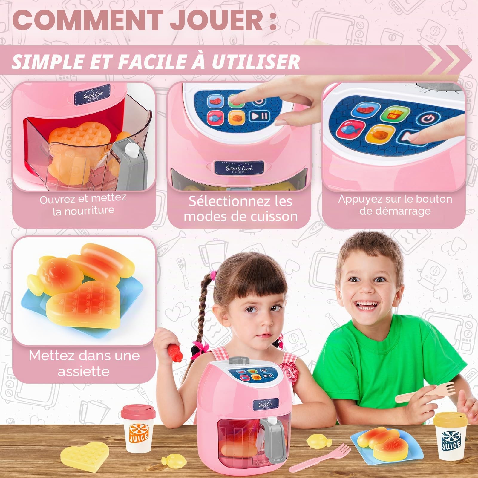 deAO Friteuse à Air Jouet, Ensemble de Cuisine avec Sons, Lumières (Rose) | Aliments Changeant de Couleur, Matériaux Sûrs, sans Bords Tranchants, pour Garçons et Filles, Cadeau Enfant