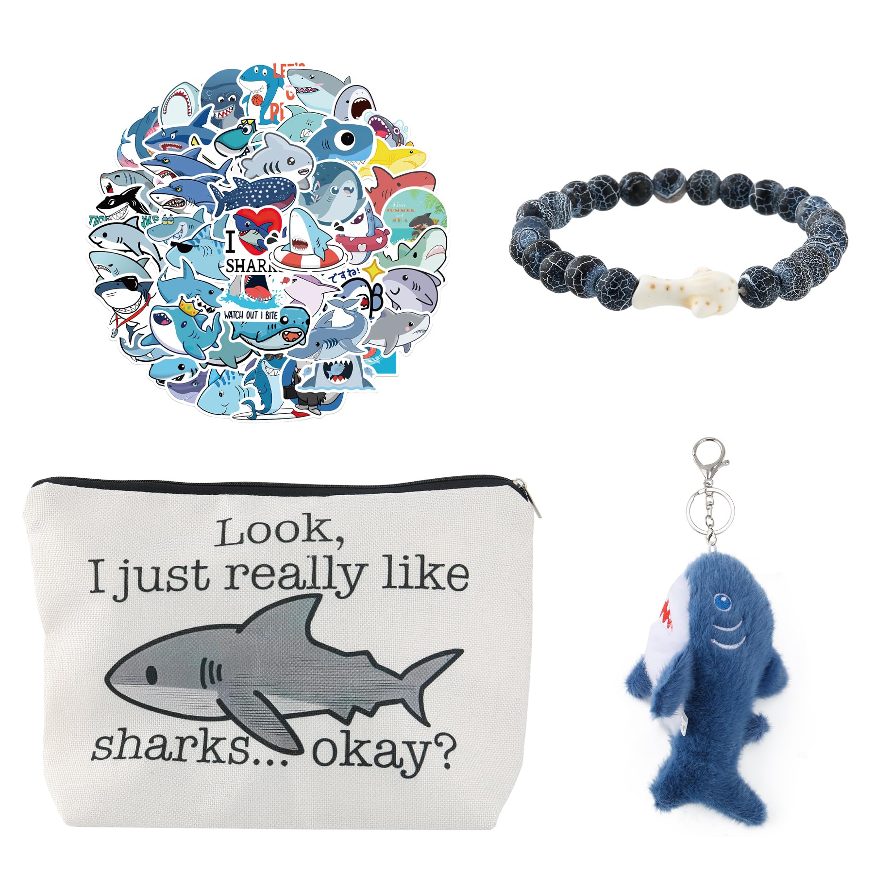 Wasise Shark Stuff - 4PCS Shark Stationery with Makeup Bag, Bracelet, Stickers and Plush Keychain, Funny Funny Ocean Themed Merch Gifts for Lovers Friend, Animal Lovers Gifts Set, Back to School Gift