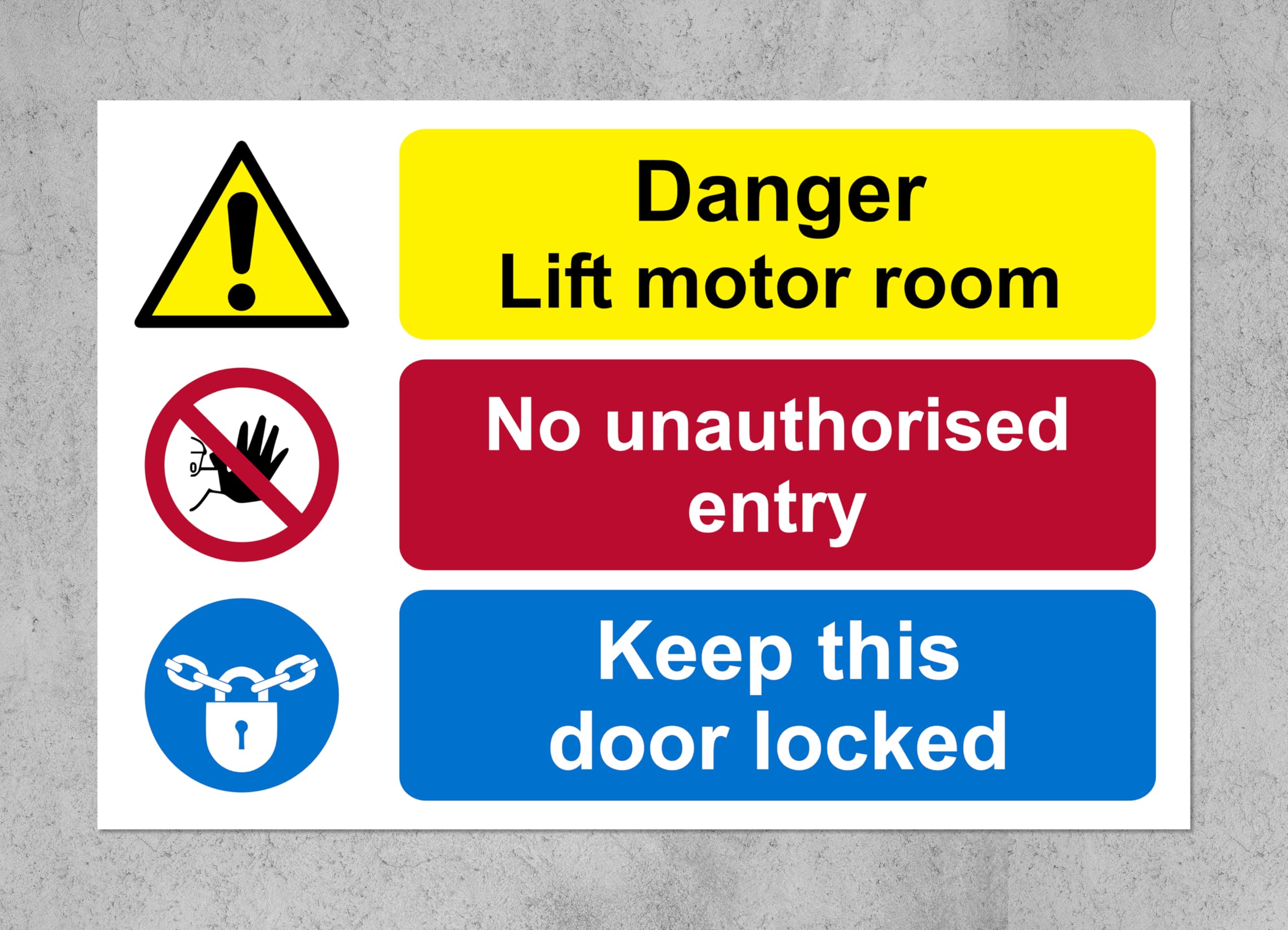 Danger lift motor room no unauthorised entry keep this door locked safety sign - Self adhesive sticker (600mm x 400mm)