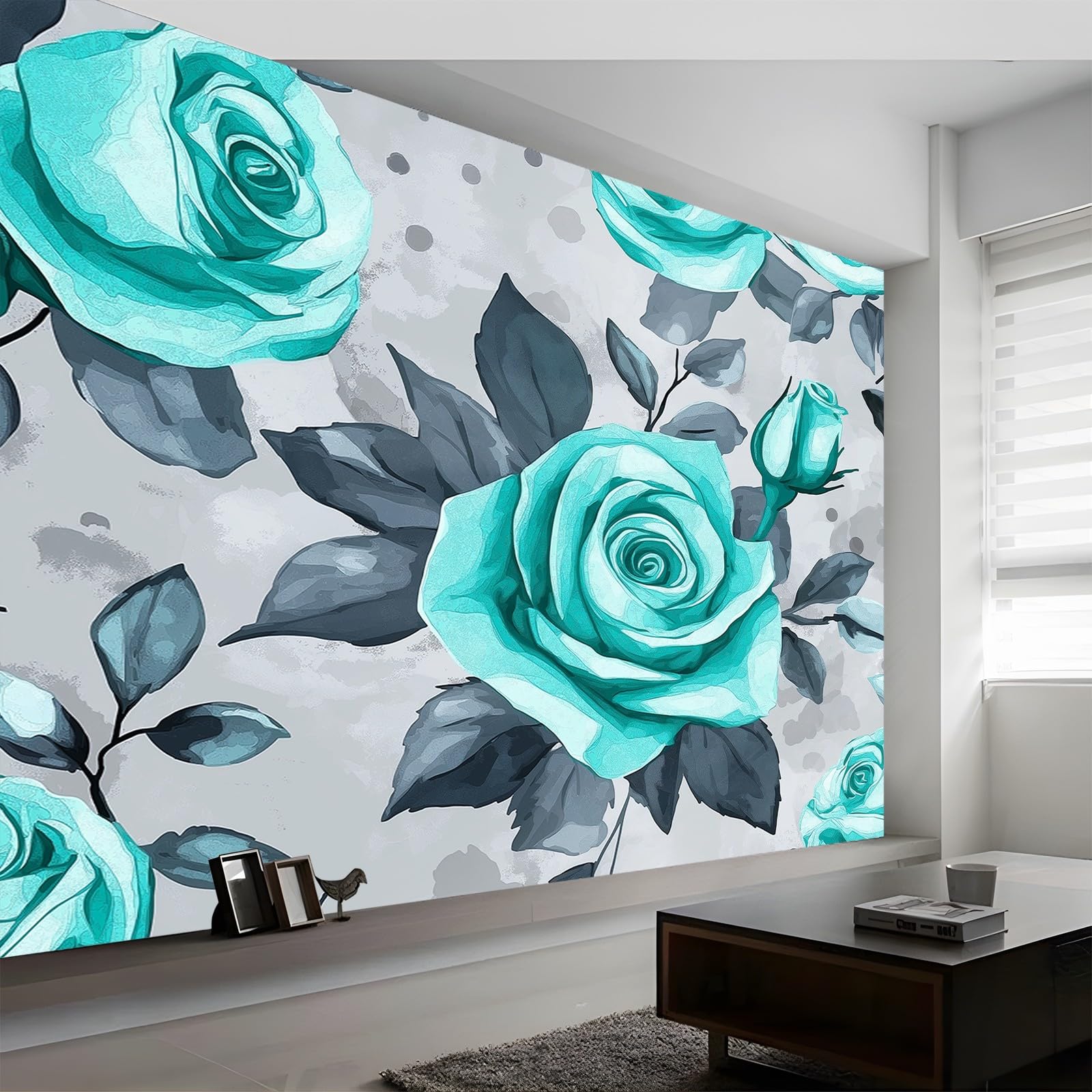Panoramiczna tapeta abstrakcyjne kwiaty geometria cyjan szary 300 x 210 cm (szer. x wys.), gigantyczny plakat ścienny 3D nowoczesna tapeta dekoracja ścienna salon sypialnia sypialnia sypialnia biuro