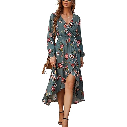Kormei Womens Short Sleeve Floral High Low V-Neck Flowy Party Long Maxi Dress