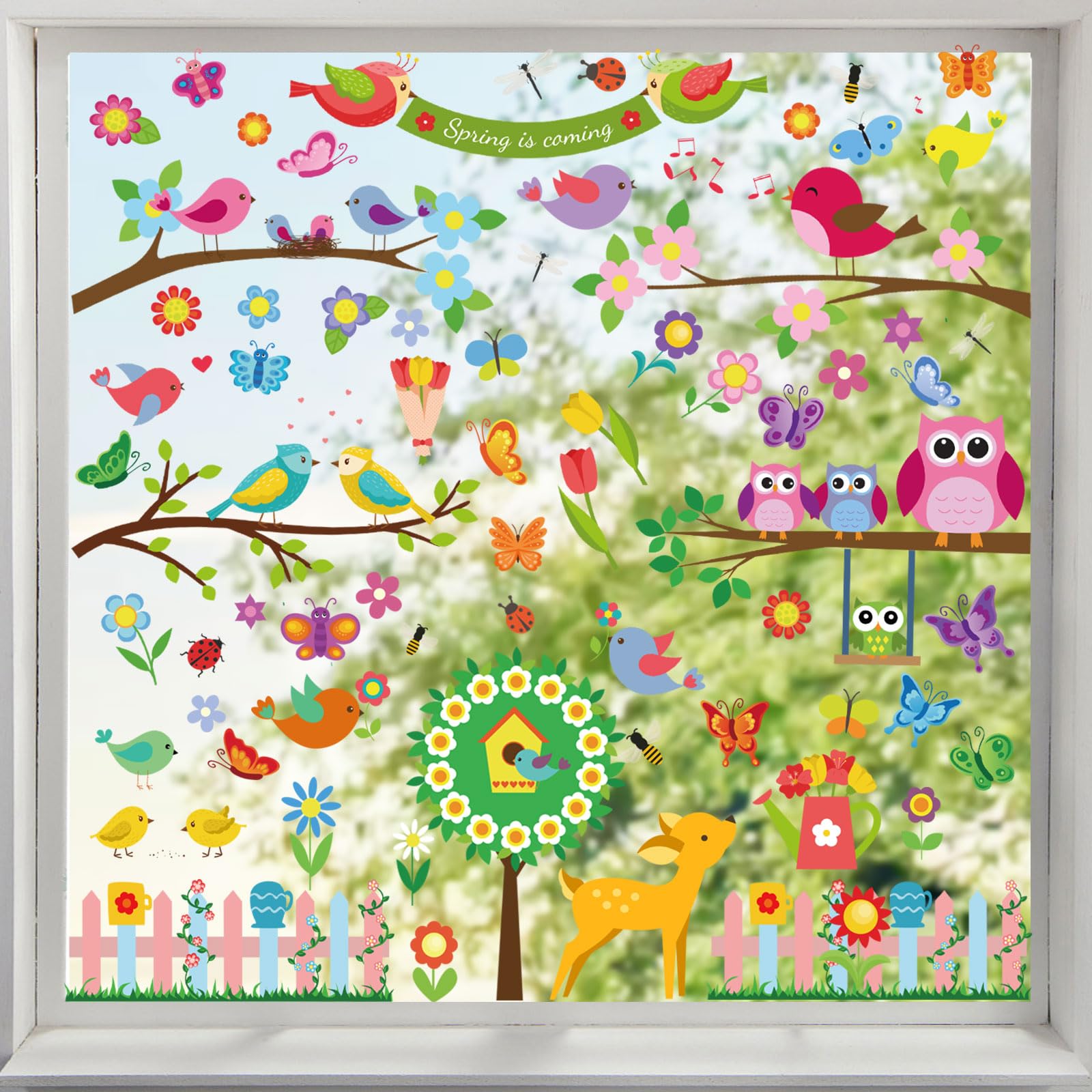 Hianjoo Pegatinas de Ventana de Primavera, 9 Hojas 107 PCS Adhesivos para Ventanas Flores con Rama de Pájaro Mariposa Doble Cara Reutilizables Decoraciones de Primavera para Habitación y Oficina
