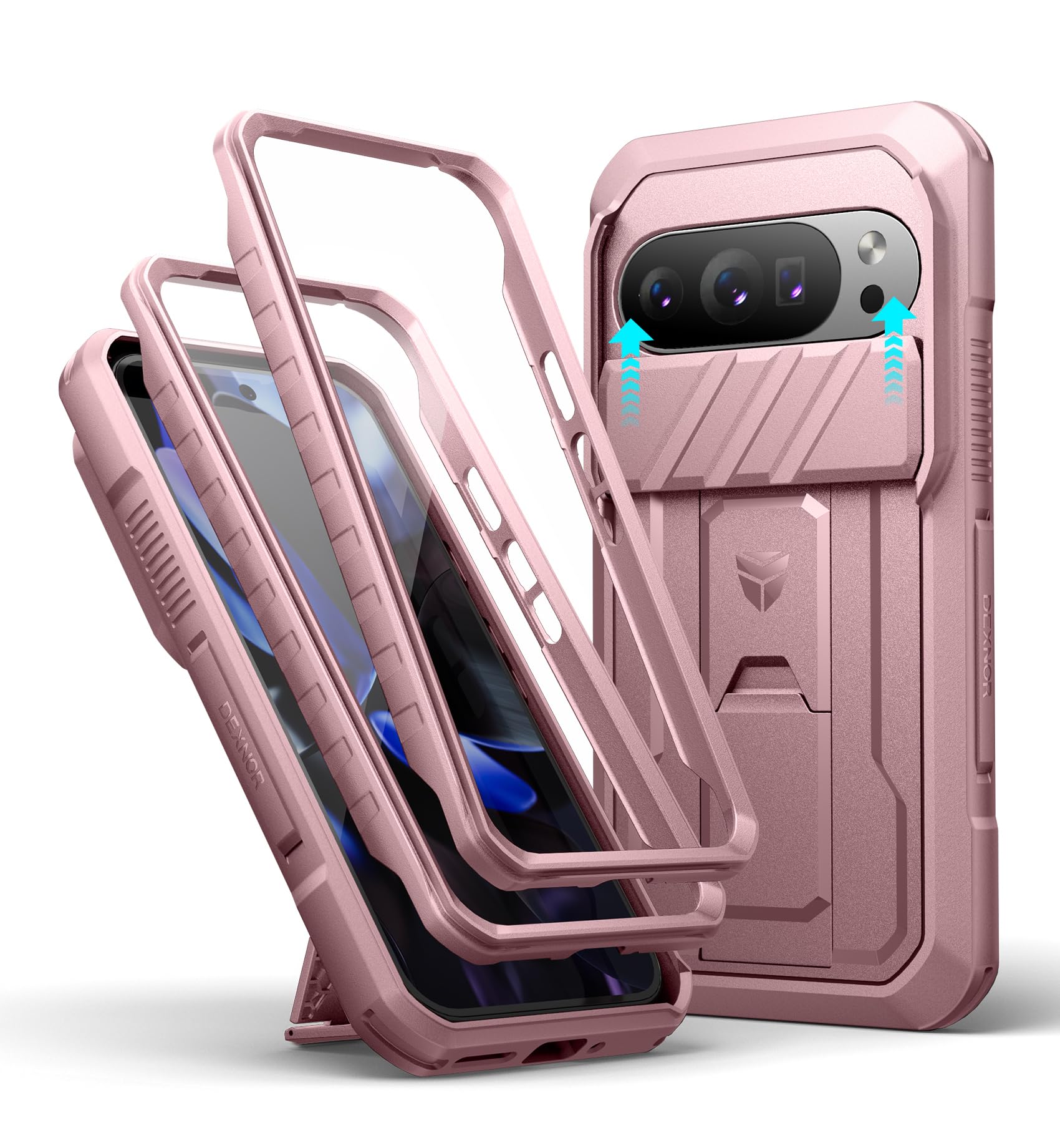 Dexnor for Google Pixel 10/10 Pro Case with Slide Camera Cover & 2 Front Frames & Built-in Screen Protector & Kickstand, Full-Body Shockproof