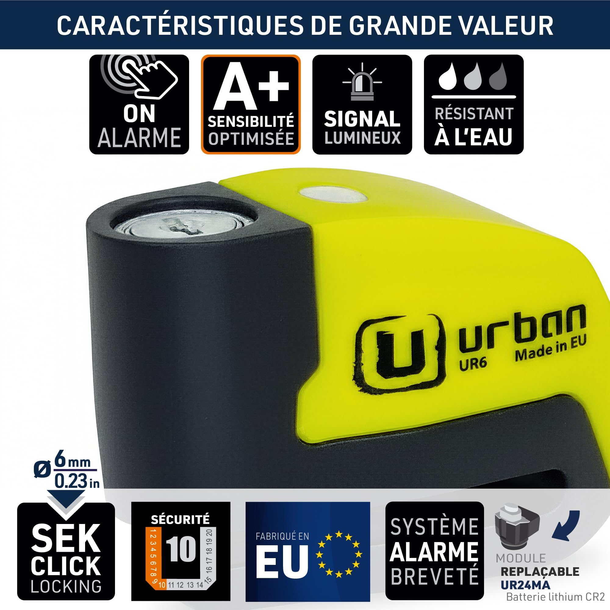 URBAN UR6 Antivol Moto, Bloque Disque avec Alarme intelligent | Plus Efficace | Hi-Tech, 120dB, LED, Warning, Sensibilité A+, Trés Étanche, Batterie Long Durée, Cadenas Bloc 6mm Universel Scooter Vélo