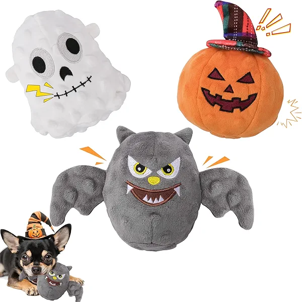 UPSKYPET Halloween Dog Toys Set, 3 Pack Plush Squeaky Toys with Crinkle Paper, Interactive Chew Toys for Small Medium Dogs, Stuffed Puppy Toys for Teeth Cleaning, Holiday Pet Gift to Keep Dogs Busy