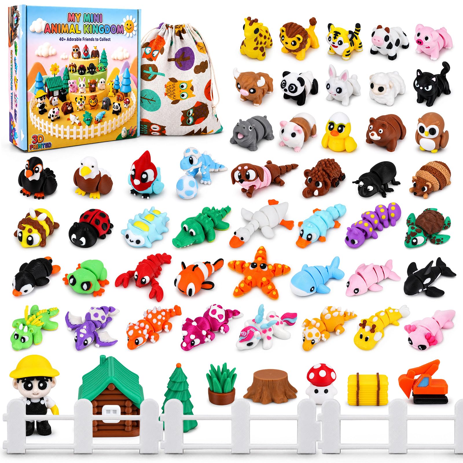 60PCS 3D Printed Animals Fidget Toys, Articulated Farm Animal Toys &amp; More