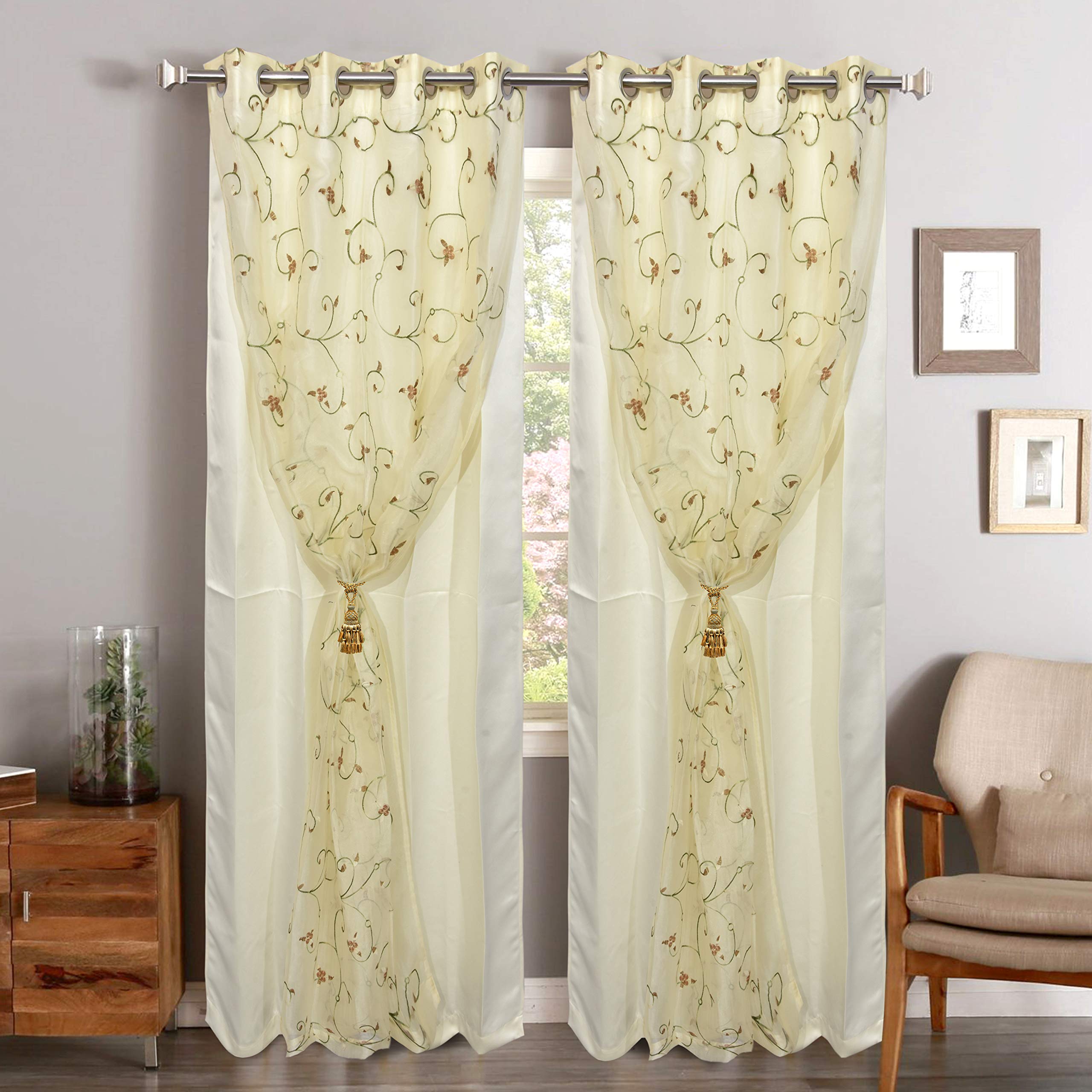 JVIN FAB semi sheer Cotton Embroidered Floral Double Grommet Curtains (7 Ft, Peach) - Pooja Room/Living Room/Dining Hall/Hotel/Bedroom/Kid Room/Kitchen - Set Of 2