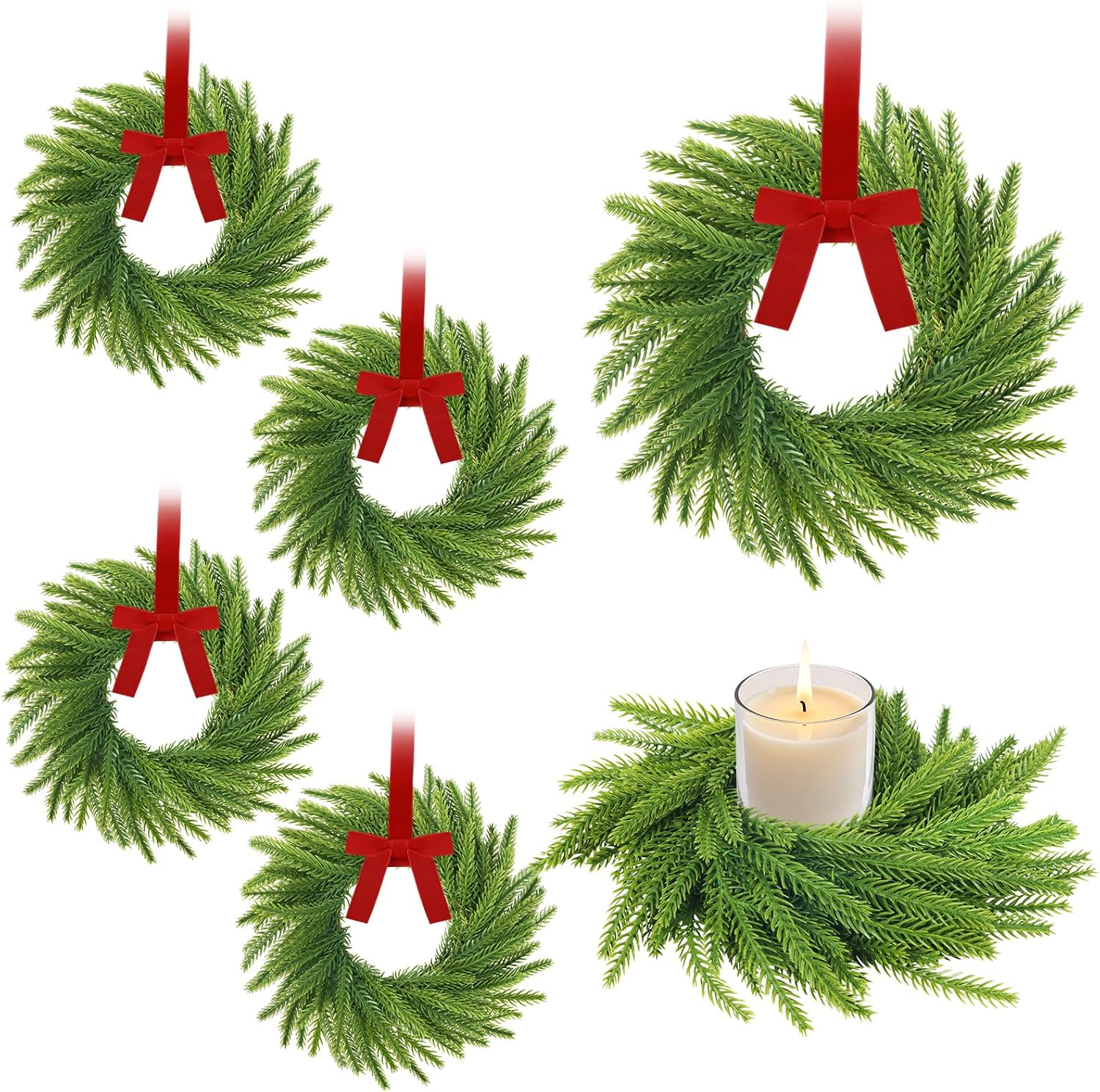 6 Pcs Christmas Candle Rings Wreaths, Christmas Kitchen Cabinet Wreaths, 7.87" Artificial Norfolk Pine Garland Wreath with Ribbon Bows, Candle Ring Holder for Table Centerpiece Window Chair Wall Norfolk Pine Wreaths