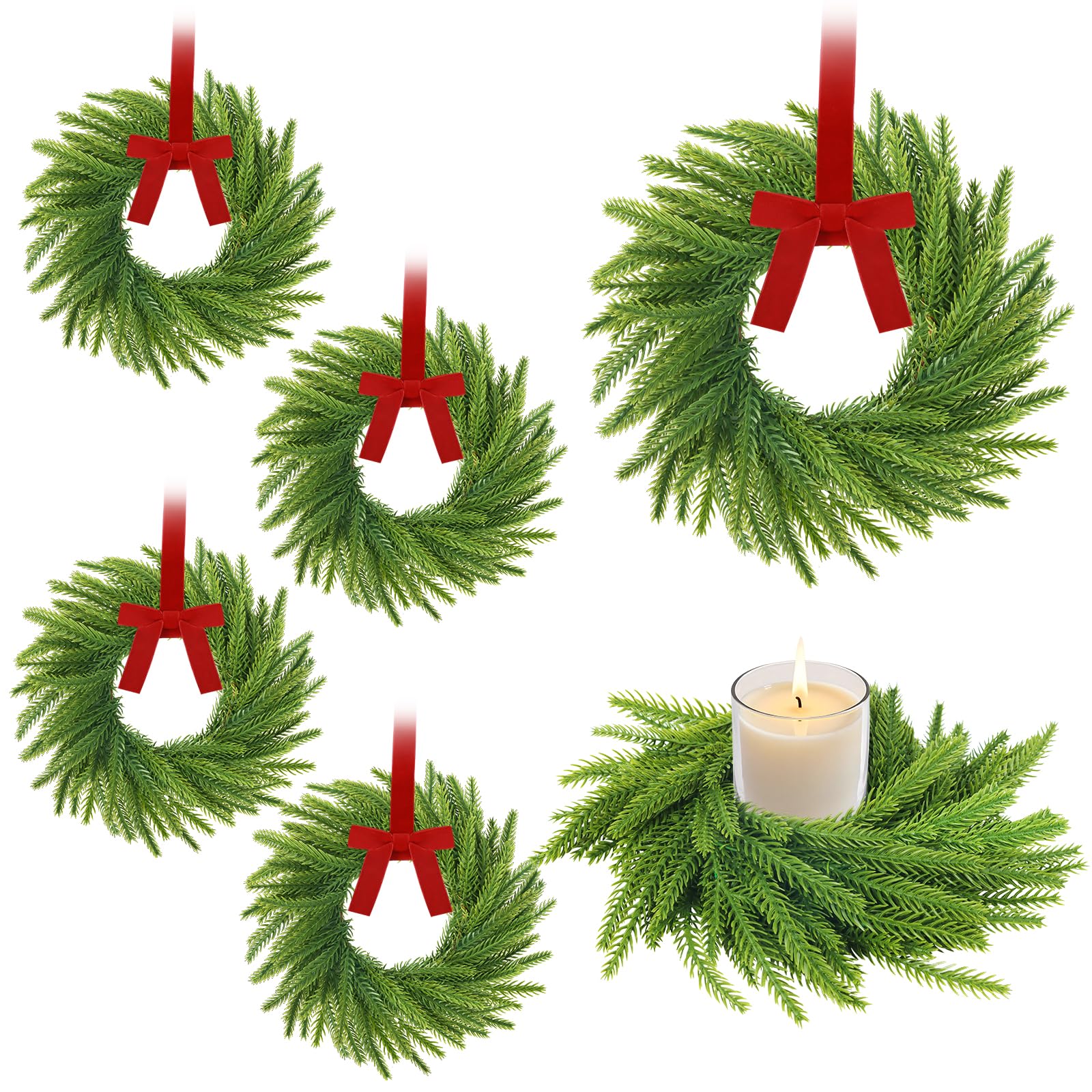 6 pcs mini christmas wreaths for kitchen cabinet, 7.87" small christmas wreath with ribbon bows, norfolk pine candle ring holder for table centerpiece window chair wall decors