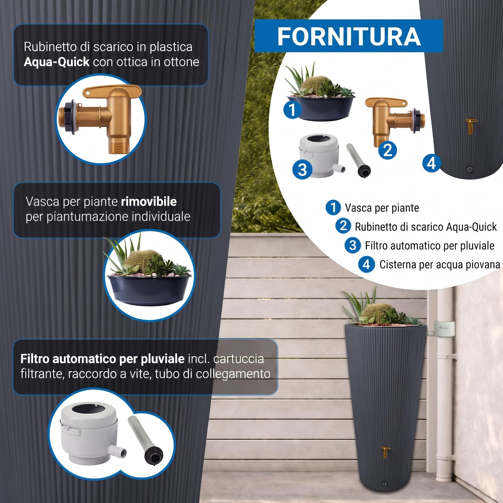 4rain VASO 2in1 DECOR serbatoio per pioggia 220 litri grigio grafite incl. rubinetto in plastica e raccordo pluviale - raccolta acqua piovana - vaso decorativo da giardino - per spazi esterni moderni