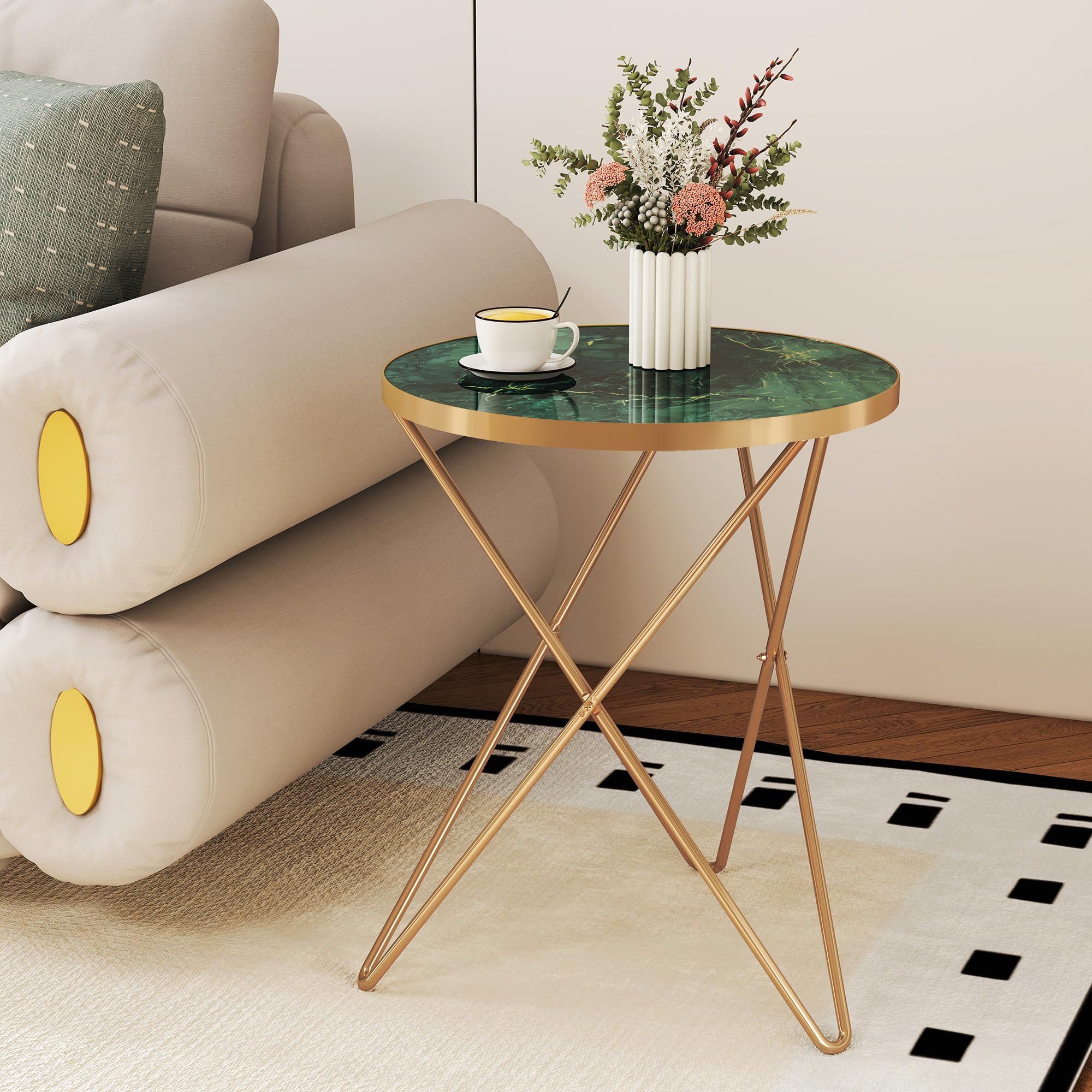 MROJISC Marble Round Side Table for Living Room, Green Gold Coffee Table