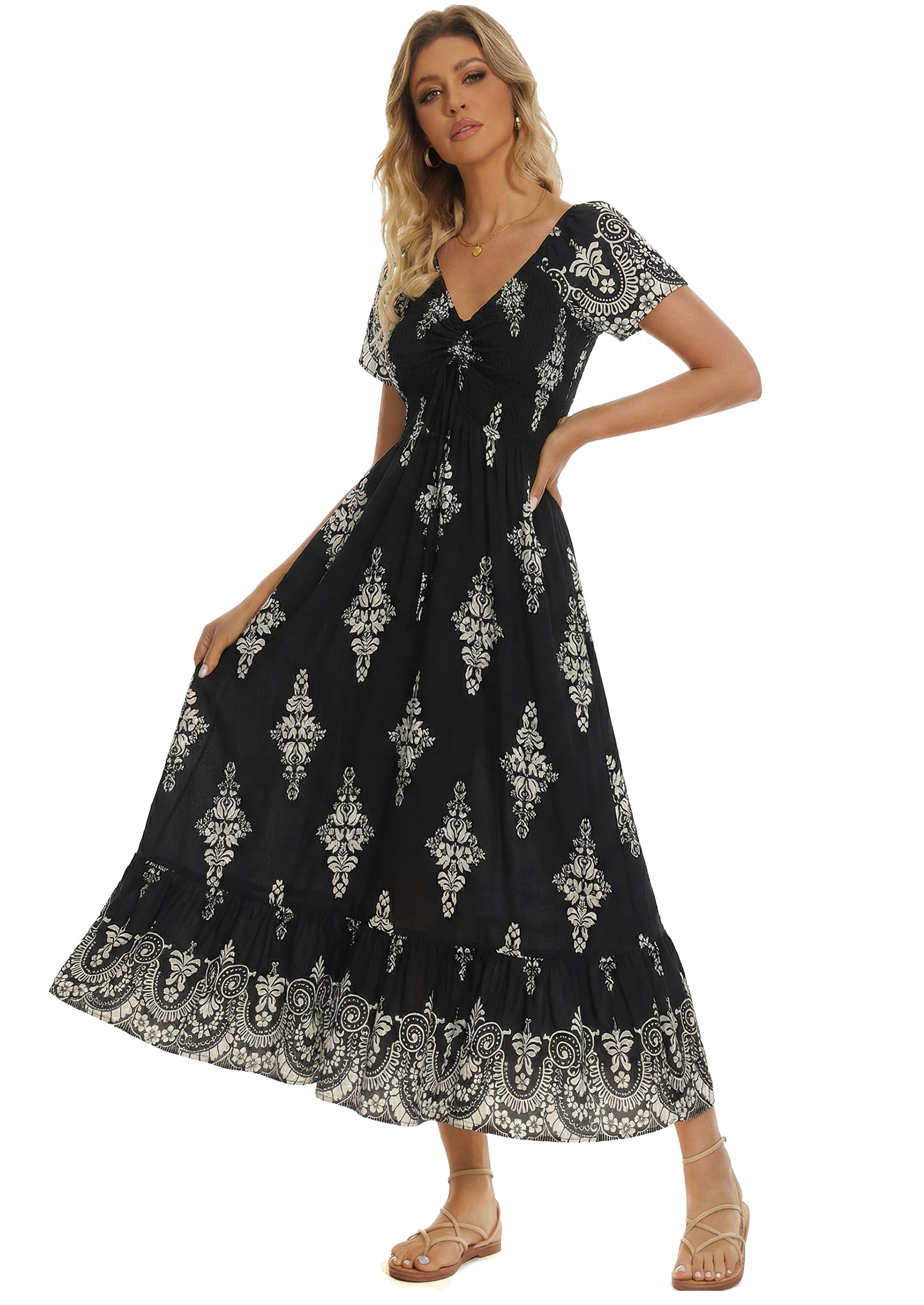 Summer Floral Smocked Maxi Dress for Women 2026 Casual Flowy Tiered A Line Boho Beach Party Long Dresses with Short Sleeve