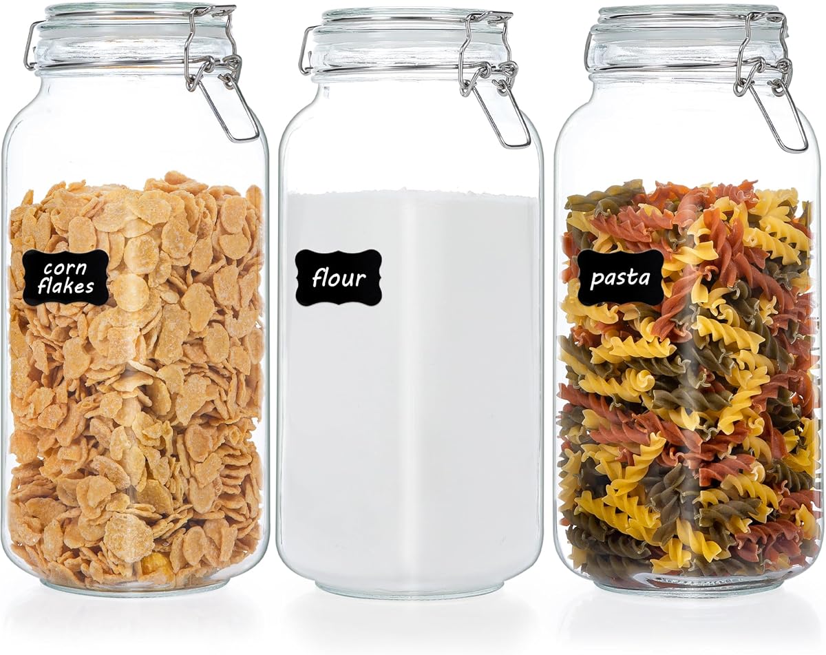 Vtopmart Frascos de vidrio para almacenamiento de alimentos de 78 oz con tapas herméticas con abrazadera, paquete de 3 | Botes de cocina grandes, para harina, azúcar, cereales, café, pasta y conservas, tarros cuadrados