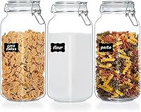 Vtopmart 78oz Airtight Glass Food Storage Jars, 3 Pack Square Canisters with Clamp Lids & 8 Chalkboard Labels for Flour, Cereal, Pasta, Pantry Organization