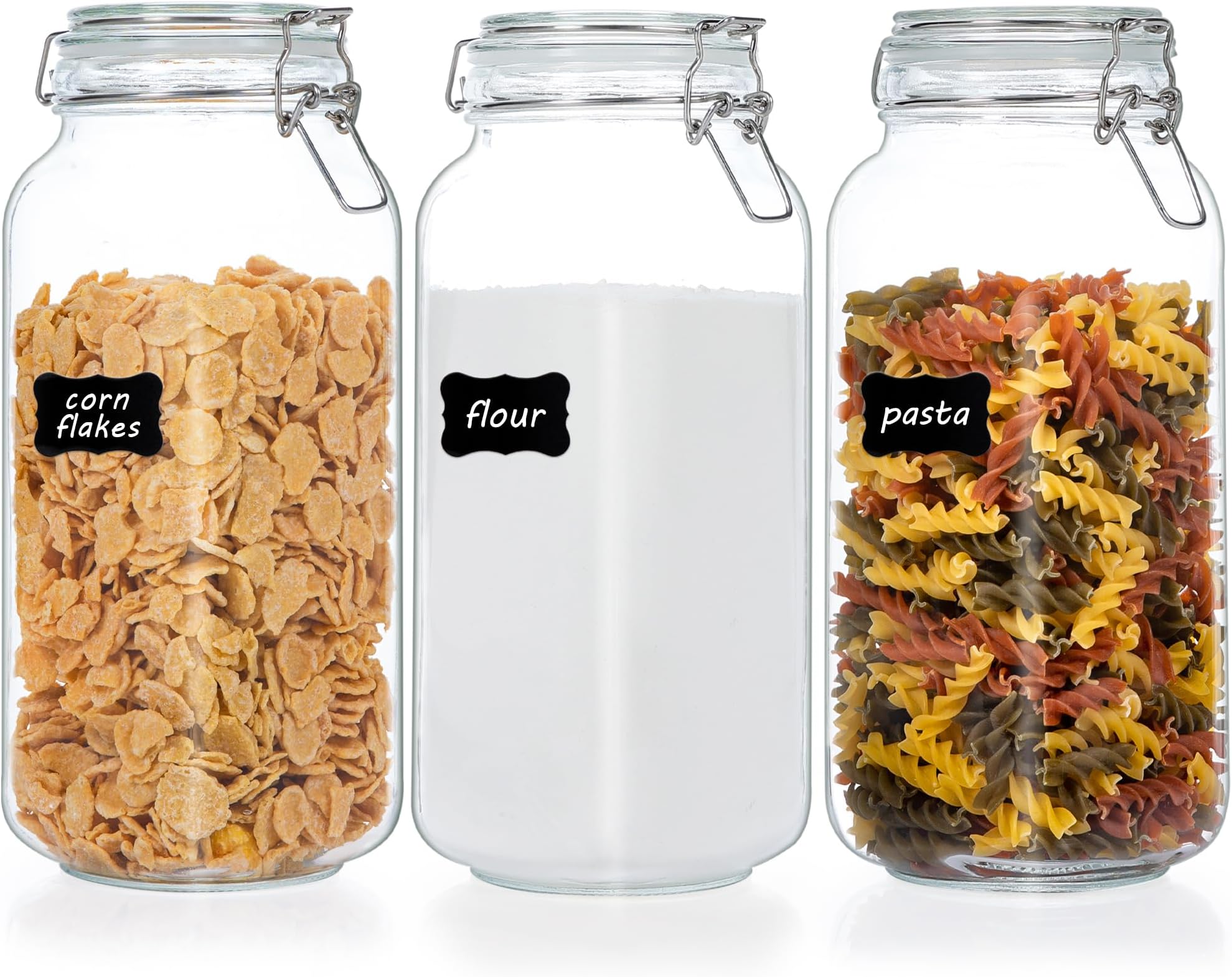 78oz Glass Food Storage Jars with Airtight Clamp Lids, 3 Pack Large Kitchen Canisters for Flour, Cereal, Coffee, Pasta and Canning, Square Mason Jar with 8 Chalkboard Labels