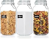 Vtopmart 78oz Glass Food Storage Jars with Airtight Clamp Lids, 3 Pack Large Kitchen Canisters for Flour, Cereal, Coffee, Pasta and Canning, Square Mason Jar with 8 Chalkboard Labels