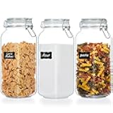 Vtopmart 78oz Glass Food Storage Jars with Airtight Clamp Lids, 3 Pack Large Kitchen Canisters for Flour, Cereal, Coffee, Pasta and Canning, Square Mason Jar with 8 Chalkboard Labels