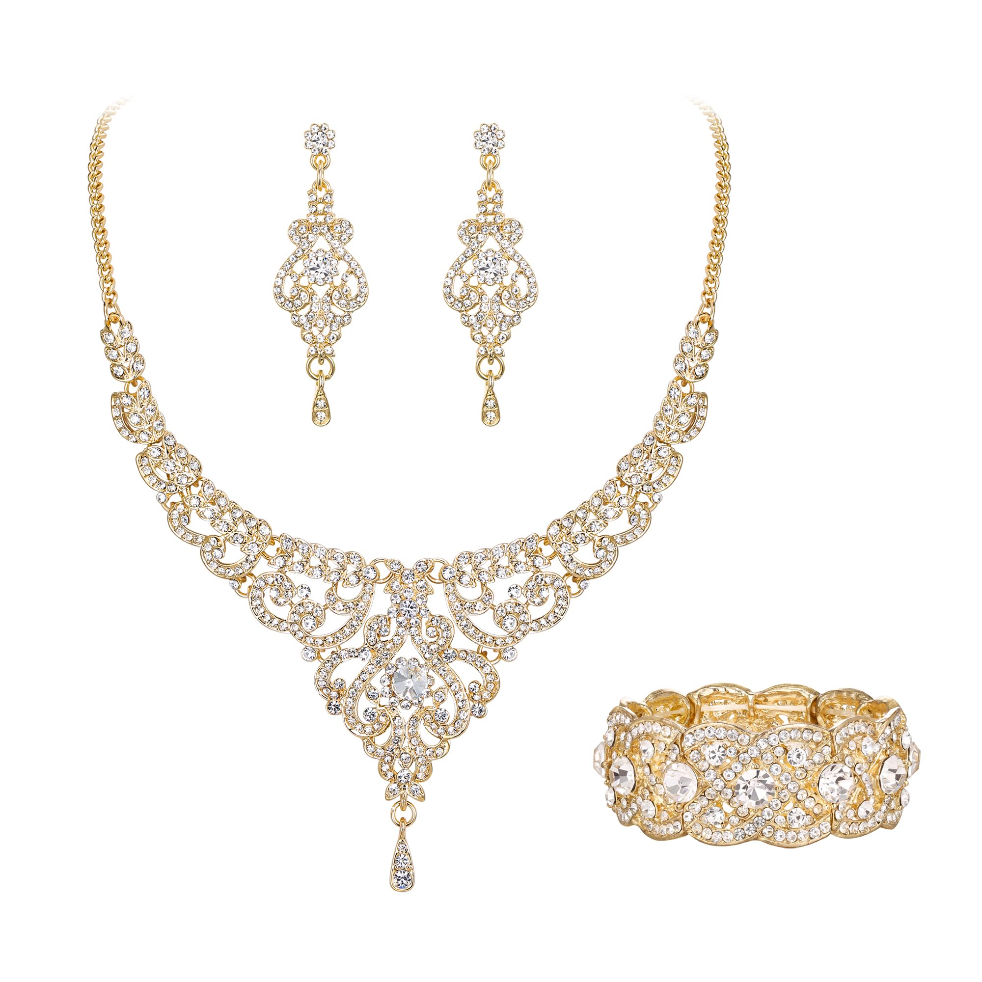 EVER FAITH Wedding Jewelry Sets Crystal Retro 1920s Vase Art Deco Bridal Prom Necklace Earrings Stretch Bracelet Set for Bride